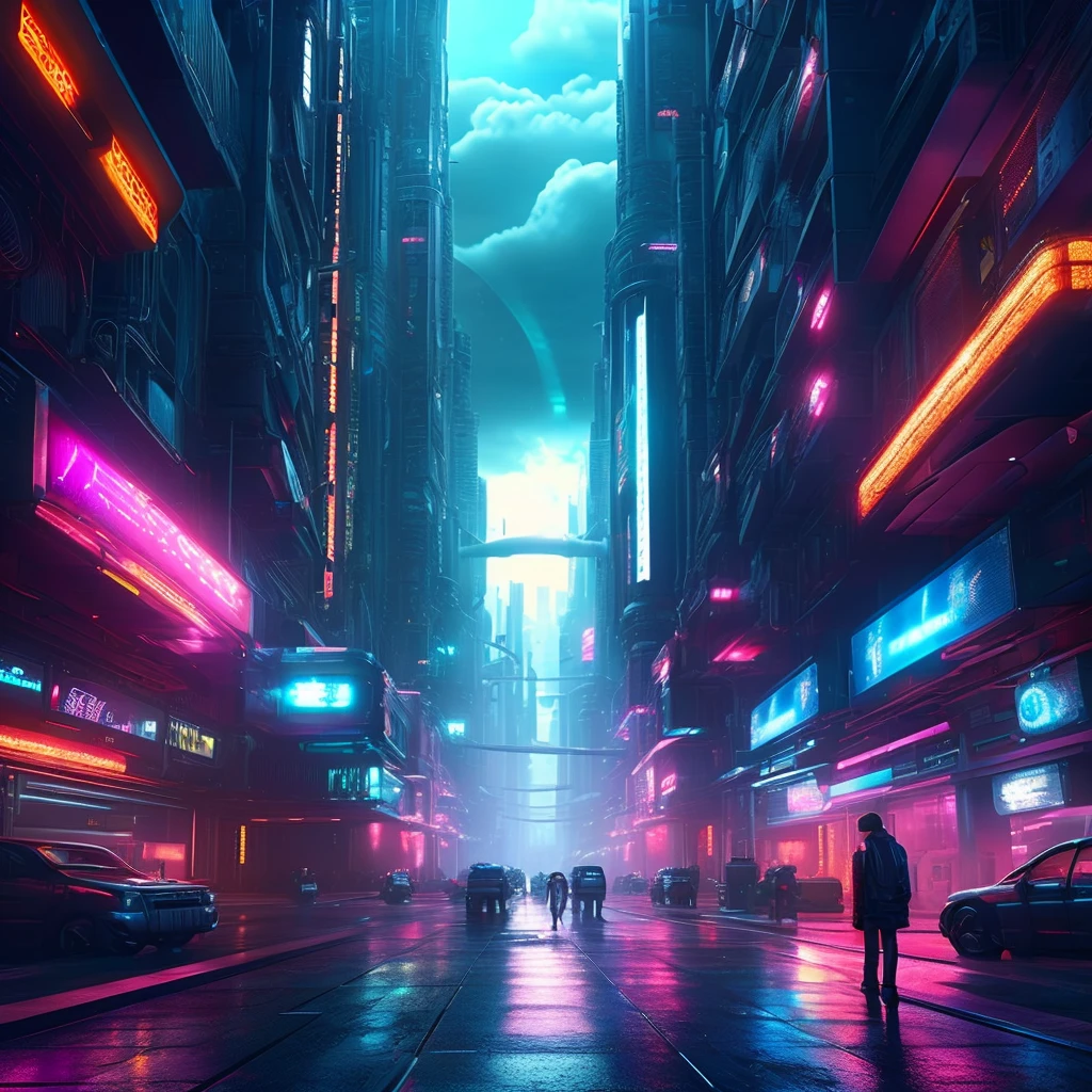 A masterpiece, of the best quality, (very detailed CG Unity 8k wallpaper), (best quality), (best shading), futuristic city, clouds, vegatation, futuristic city with neon lights and people walking on the street, in a futuristic cyberpunk city, busy cyberpunk metropolis, futuristic cyberpunk city, futuristic cyberpunk scenario, sci-fi digital art illustration, futuristic digital painting, arstation and beeple highly, cyberpunk dreamscape, cyberpunk art style, futuristic art style, futuristic cityscape, futuristic city street, retrofuturistic digital painting