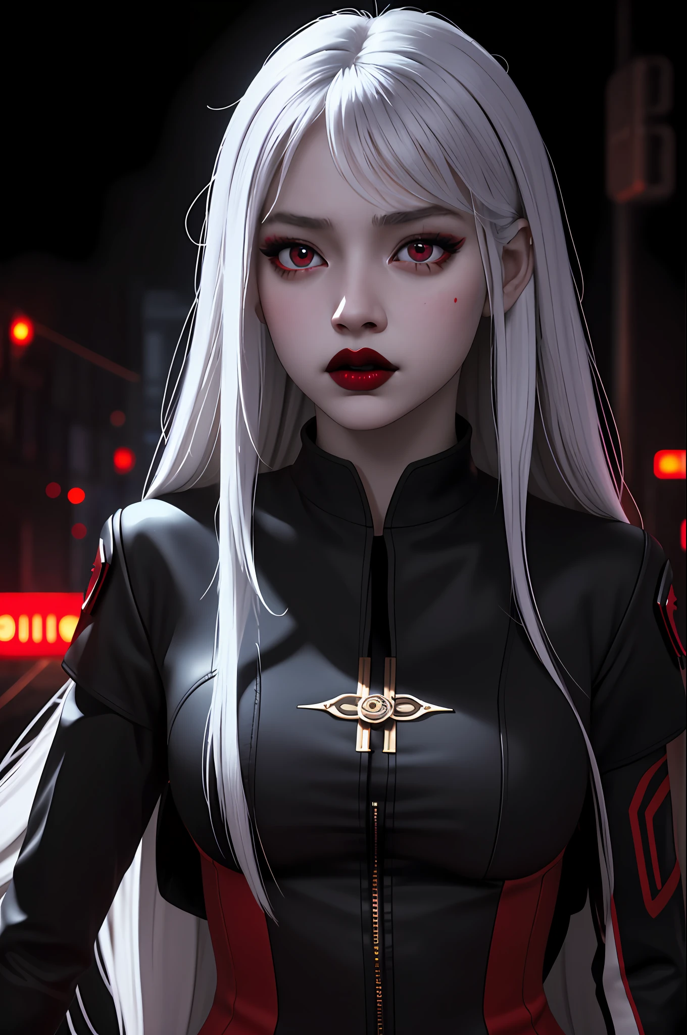 masterpiece, best quality CG unity 8k wallpaper, 1girl, white long hair, red eyes, black lips, night city