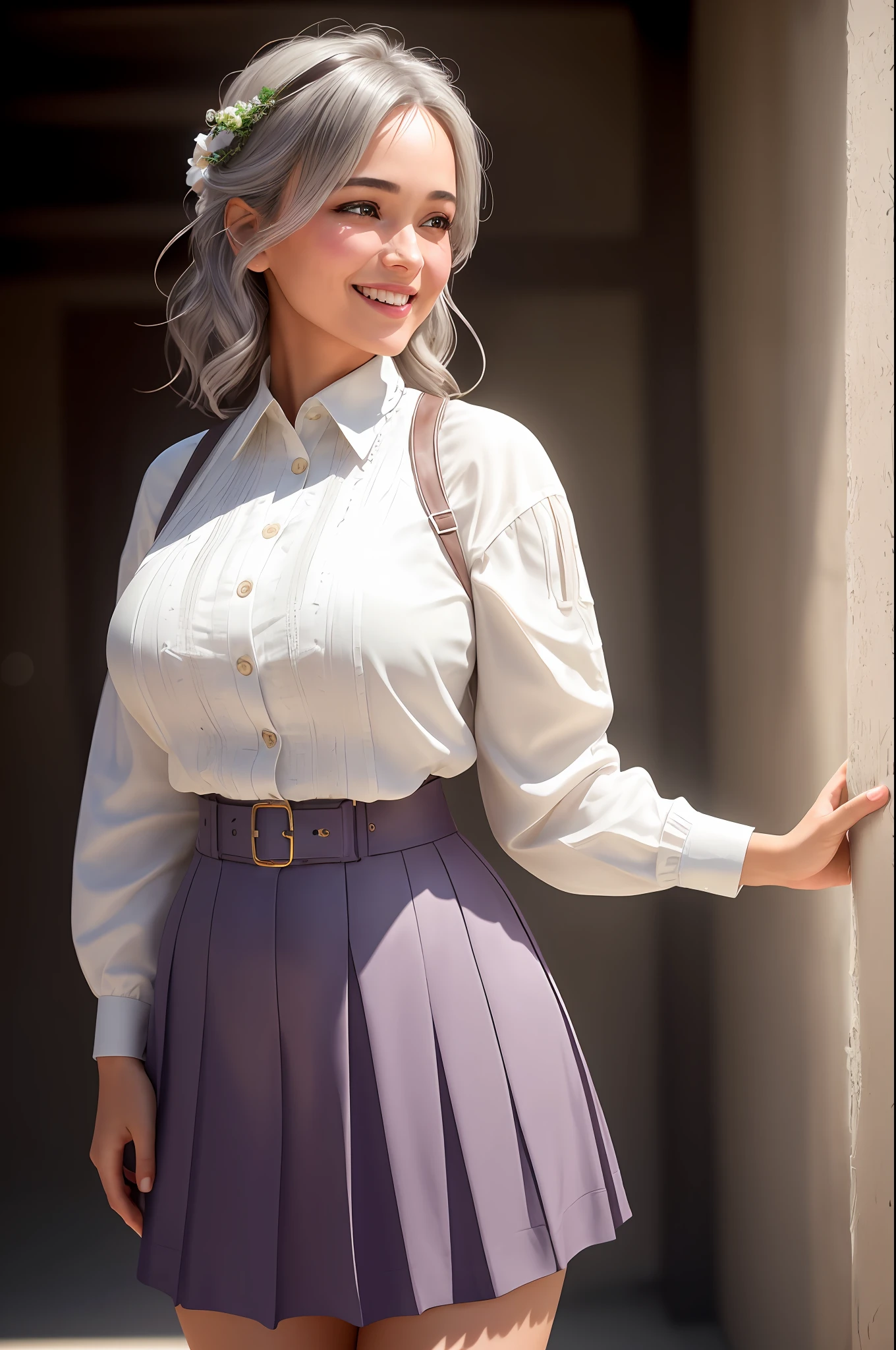 beautiful woman standing, graying hair, short purple skirt, white blouse without buttons, breast exposure, contrast, texture, realism, high quality, film grain, FUJIFILM XT3, crazy detail, intricate detail, hyper detail, soft cinematic light, adobe light, photolab, complex, very detailed, muted color, crazy detail, intricate detail, hyper detail, soft cinematic light, adobe light, photolab, complex, very detailed, muted color, Masterpiece, (close-up portrait of a girl smiling widely), deep wrinkles at the corners of the mouth, (backlighted), (complex, octane rendering, highly detailed, 8K, HDR, UHD, high quality, professional, trendy in Unreal Engine, Artstation), lens flare, shading, laughter