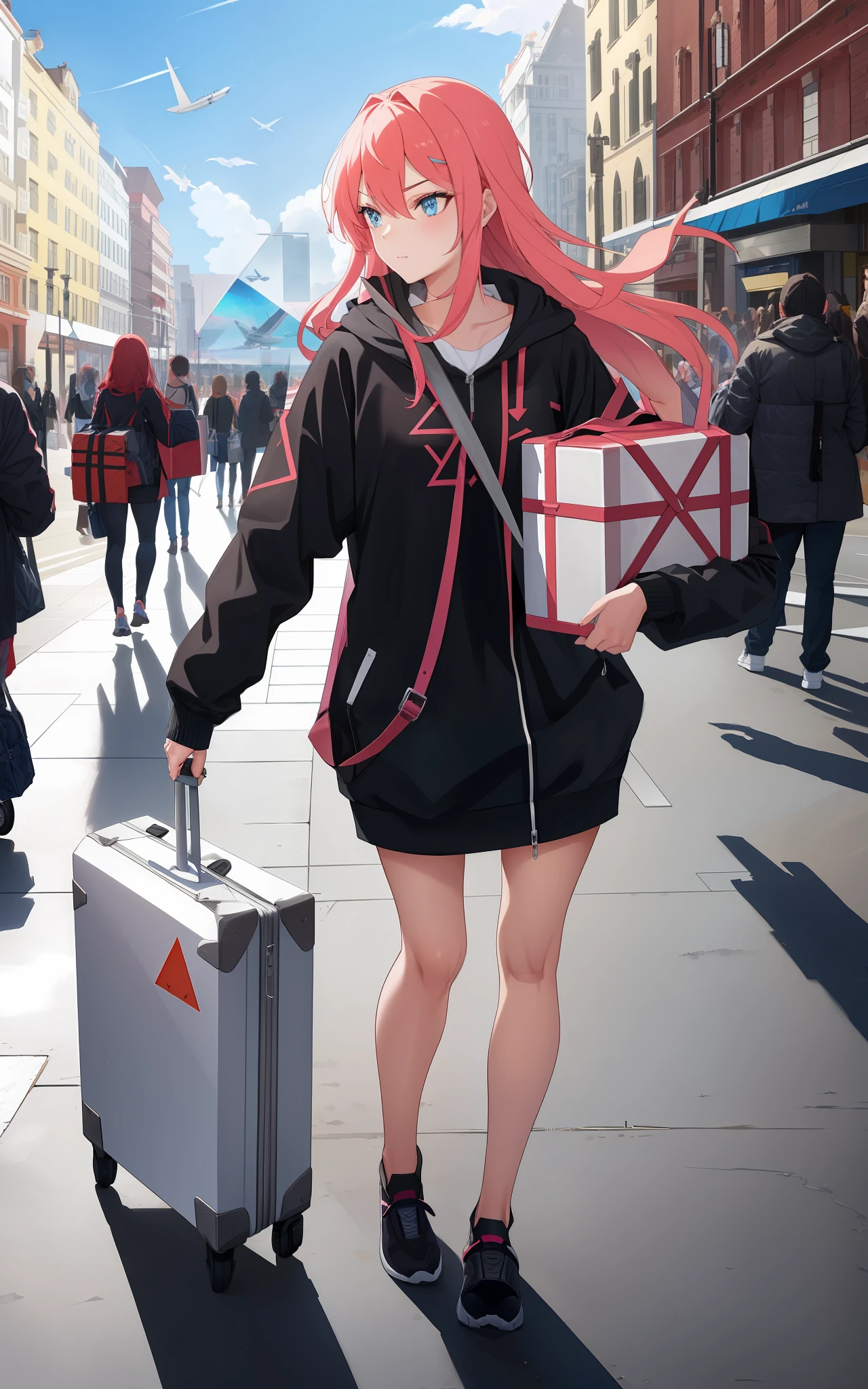 ((Beautiful fit woman)), ((triangle-shaped figure)), ((fit)), ((long sharp hair)), ((travel bag)), ((express delivery))(Beautiful)