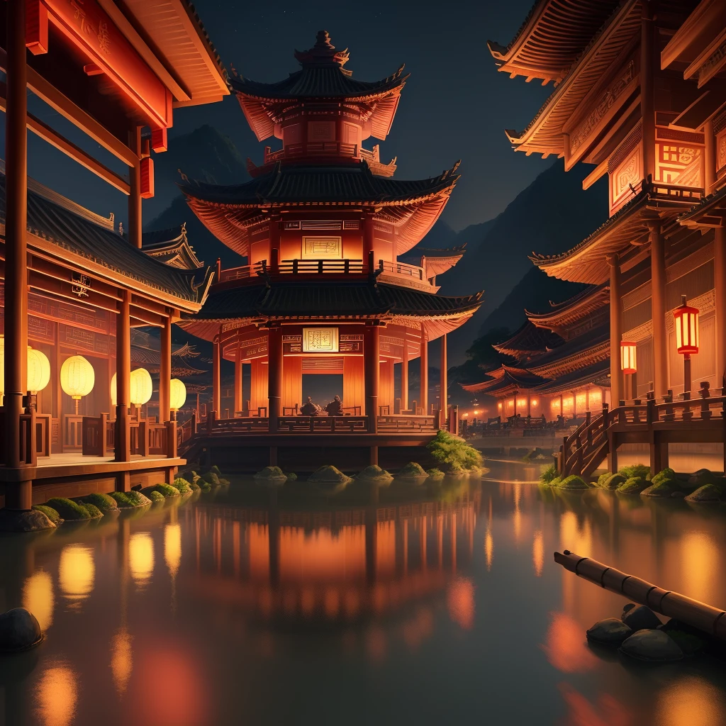 bamboo, temple, pavilion, pagoda, bridge, river, night, lantern, nobody, busy street, road chinese architecture, best quality, masterpiece,, illustration, wallpaper,, (full body), very detailed and intricate, city background, cinematic, depth of field, artstation trend, ultra high detail, ultra realistic, cinematic lighting, 8k, perfect body, vibrant colors