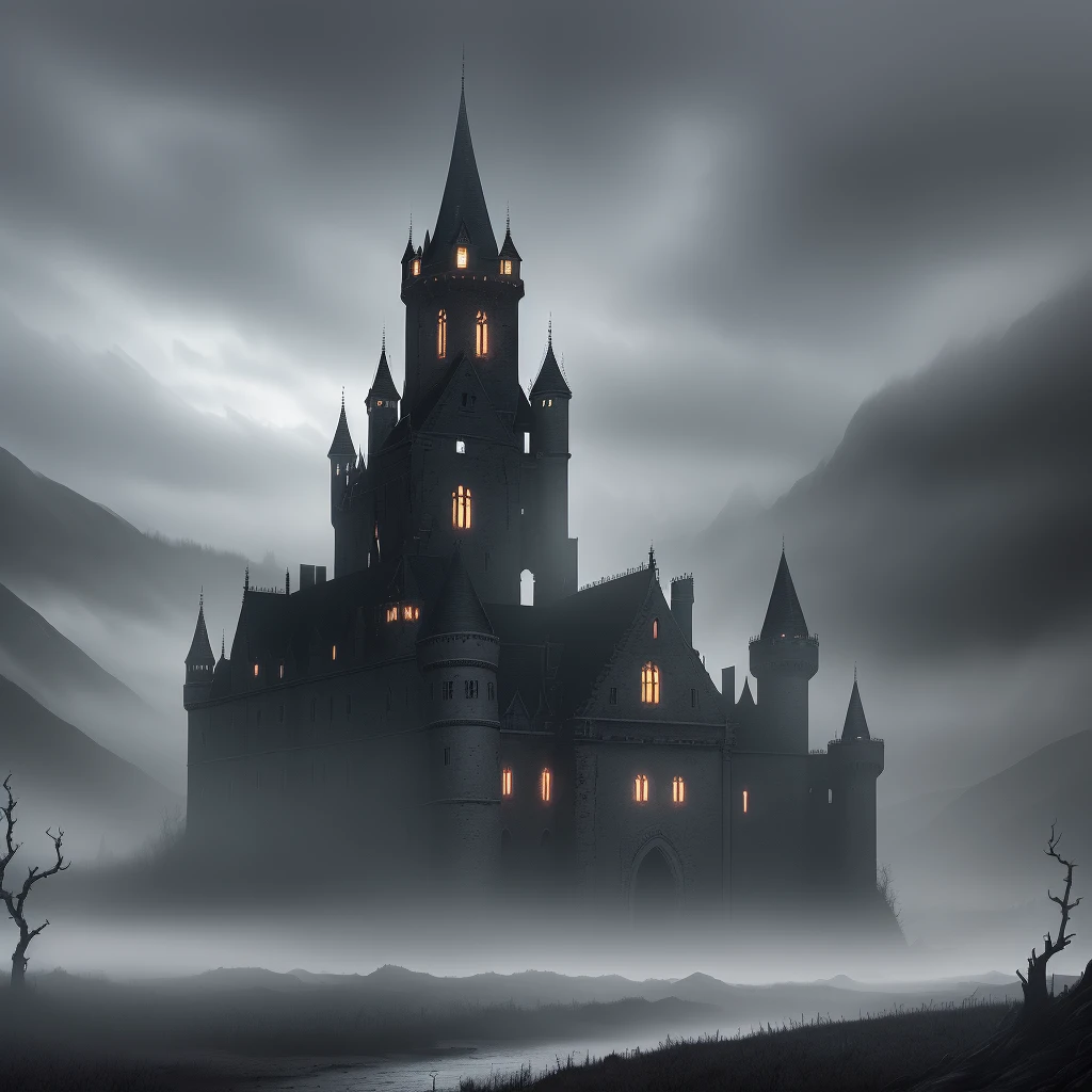 A dark and foreboding fantasy landscape, featuring a haunted and abandoned castle, with twisting vines, ghostly apparitions, and a foreboding atmosphere that creates a sense of mystery and intrigue, artstation, digital illustration, highly detailed, trending, dark colors