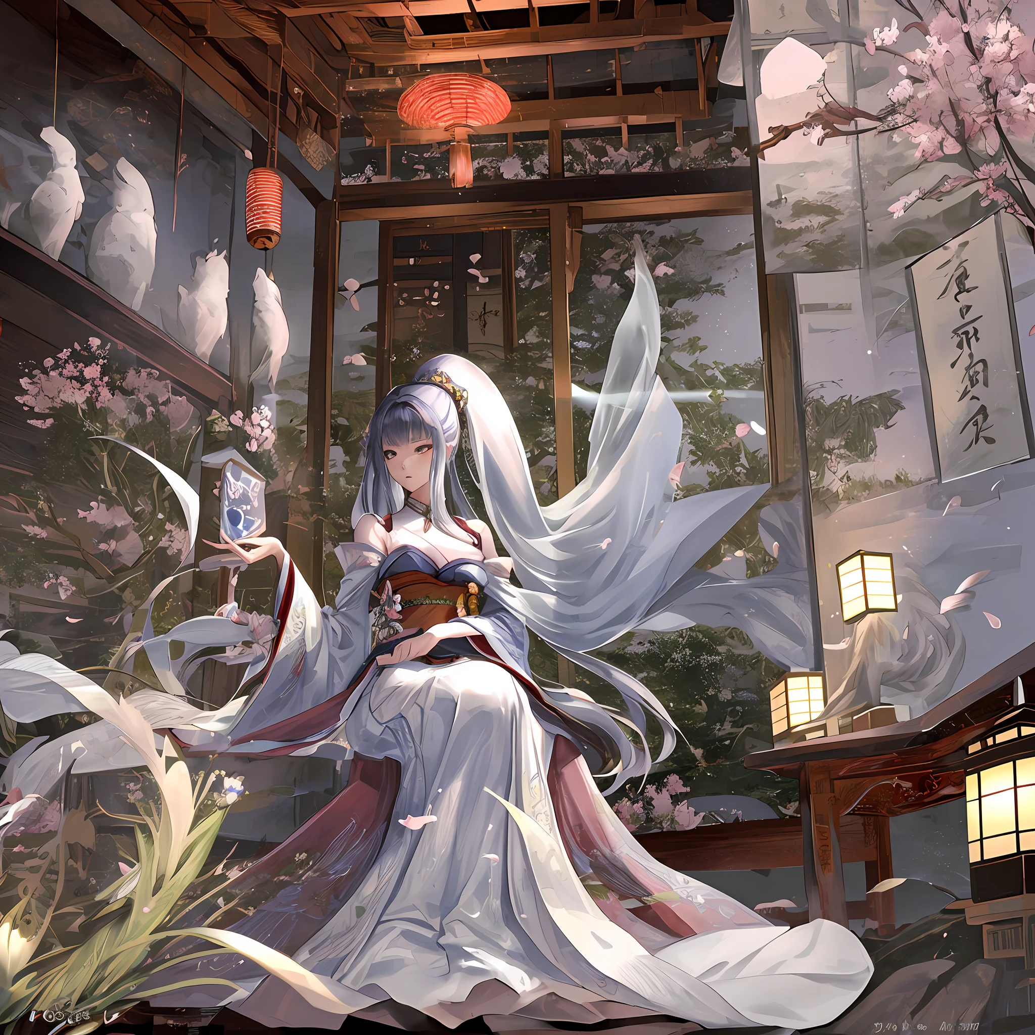 Beautiful woman sitting upright in a Japanese-style room, high resolution, masterpiece, RAW, tranquil air, dimly lit room, splendid calligraphy and paintings and flowers in the alcove in the back, beautiful shiny long hair, long hair with a beautiful luster, haori off, shoulders protruding, chest wrapped in expose, half from the pod, almost pulling out a sword, the moment when it moves from stillness to movement, the air around is filled with tension.