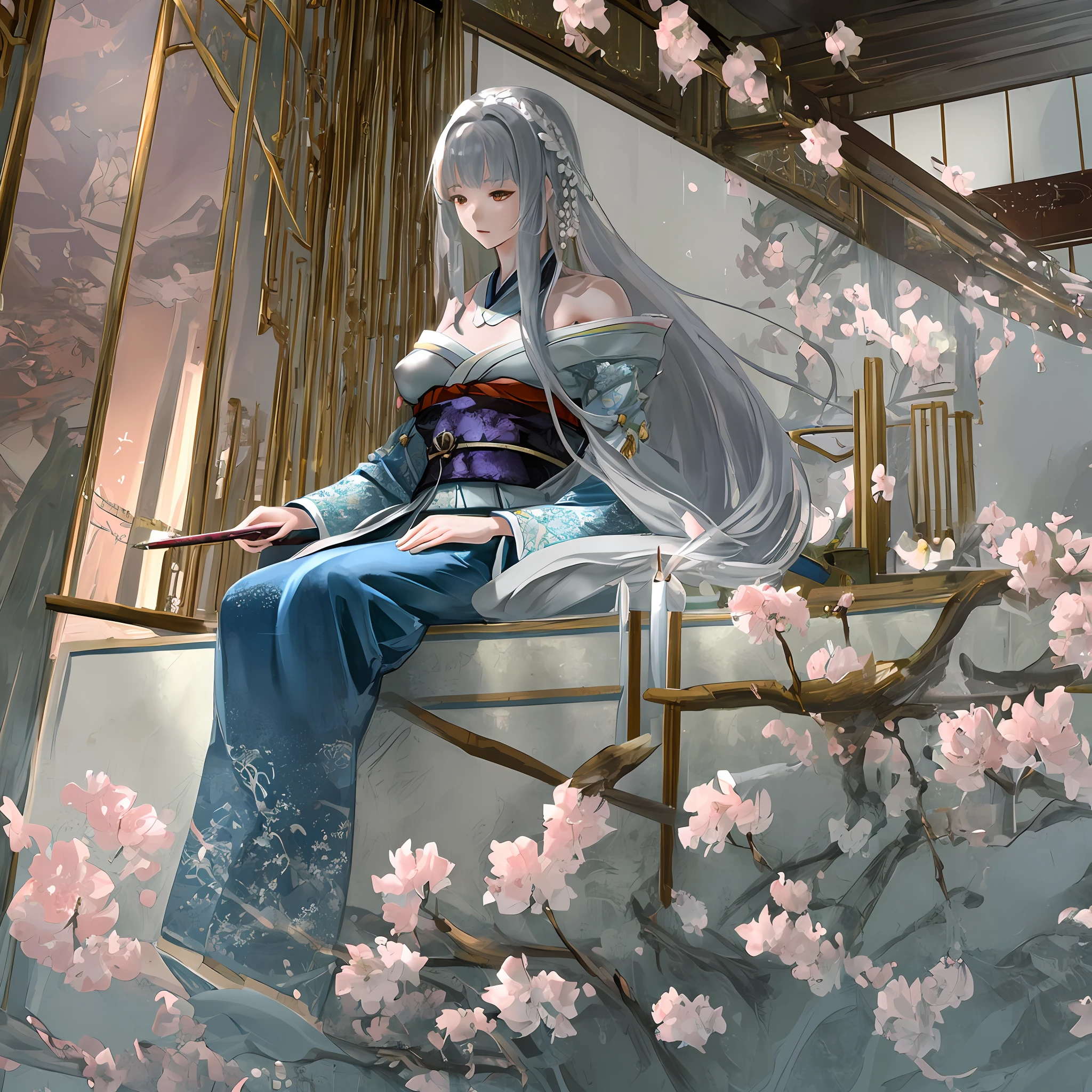 Beautiful woman sitting upright in a Japanese-style room, high resolution, masterpiece, RAW, tranquil air, dimly lit room, splendid calligraphy and paintings and flowers in the alcove in the back, beautiful shiny long hair, long hair with a beautiful luster, haori off, shoulders protruding, chest wrapped in expose, half from the pod, almost pulling out a sword, the moment when it moves from stillness to movement, the air around is filled with tension.