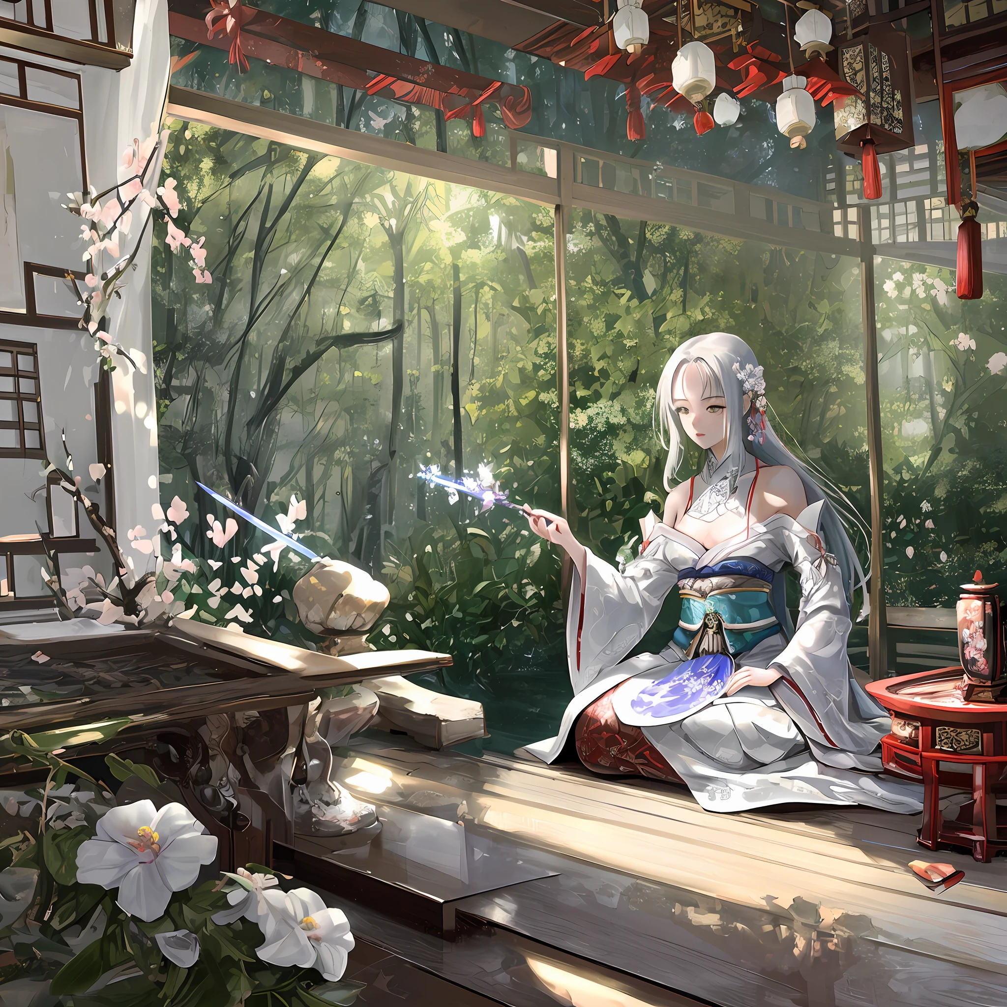 Beautiful woman sitting upright in a Japanese-style room, high resolution, masterpiece, RAW, tranquil air, dimly lit room, splendid calligraphy and paintings and flowers in the alcove in the back, beautiful shiny long hair, long hair with a beautiful luster, haori off, shoulders protruding, chest wrapped in expose, half from the pod, almost pulling out a sword, the moment when it moves from stillness to movement, the air around is filled with tension.