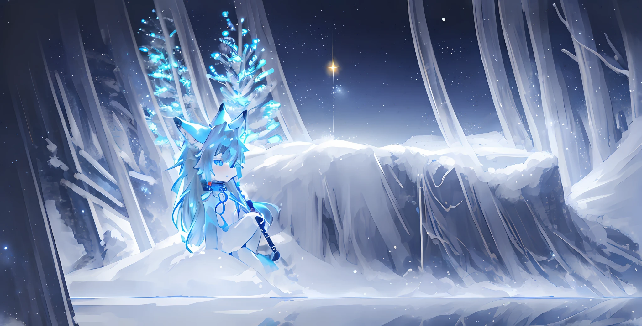 shota, long hair, space eye, glow eye, femboy, noen city, snowfall, midnight, fox ear, deep blue ear, fox tail, deep blue fox, deep blue jacket, cute, collar, Two tail, space katana, god , fur body, full body, the lower body is naked, snow fox, character, master piece, fluffy tail, current, shy, NFSW, Highest Quality, 8k, full HD, four ear fox, winter, oc, nude, soul fox blue, nsfw, r-18, blurring