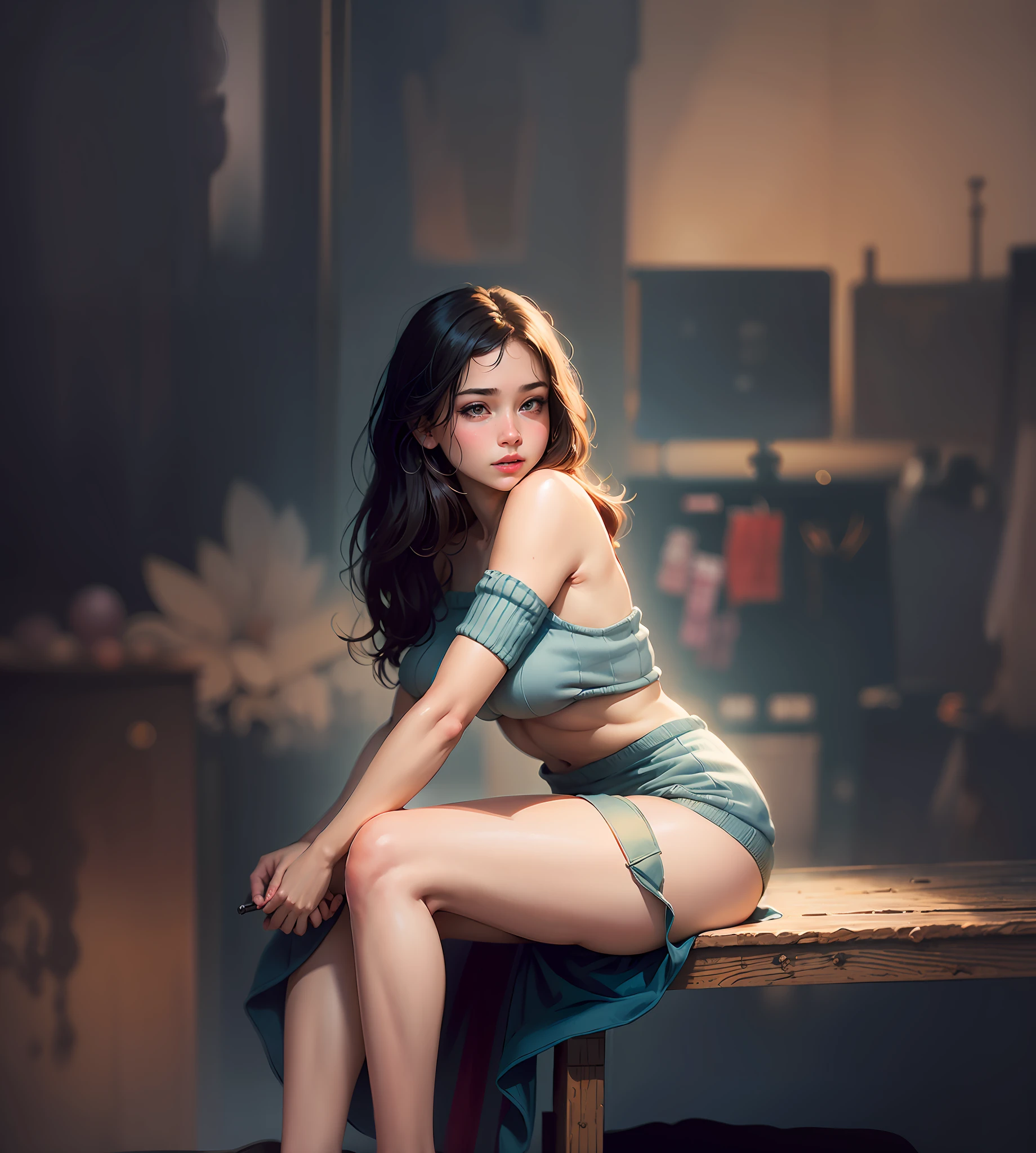 (nude), big boobs,(masterpiece), best quality, extremely detailed, (watercolor), bloom, delicate and beautiful, illustration, (from below),(1girl:1.4), (solo:1.2), large breasts, (ribbed sweater:1.3), off-shoulder sweater, (short shorts:1.2), bare shoulders, (underboob:1.2), ((dark skin:0.8)), beautiful eyes, (disheveled hair ), photography, over-the-shoulder shot, by Alex Maleev, professional, canon camera, nikon camera, sharp, bokeh, studio quality, fisheye lens, by Robert Capa ,