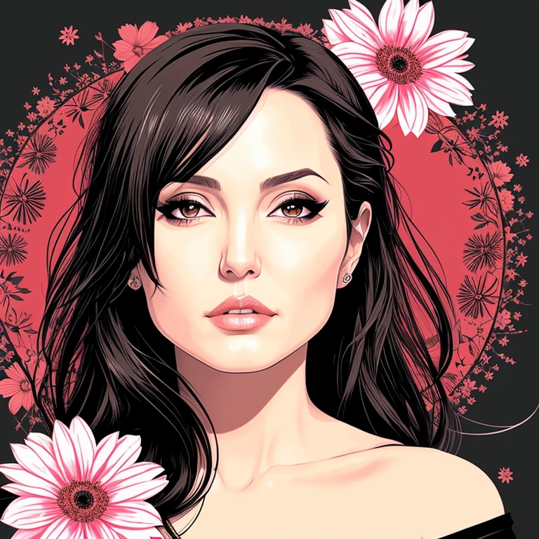 t-shirt design, round design, black background, 2D vector, centered art, floral theme, vivid colors, Angelina Jolie face, realistic face, intricate details, silky skin, vibrant eyes, lighting by REMBRADT, Adobe Illustration, Trand on Artstation, 8K, hd, magnificent art, masterpiece, by Rafael Albuquerque, Yoshitaka Amano, --no t-shirt, mockup, -