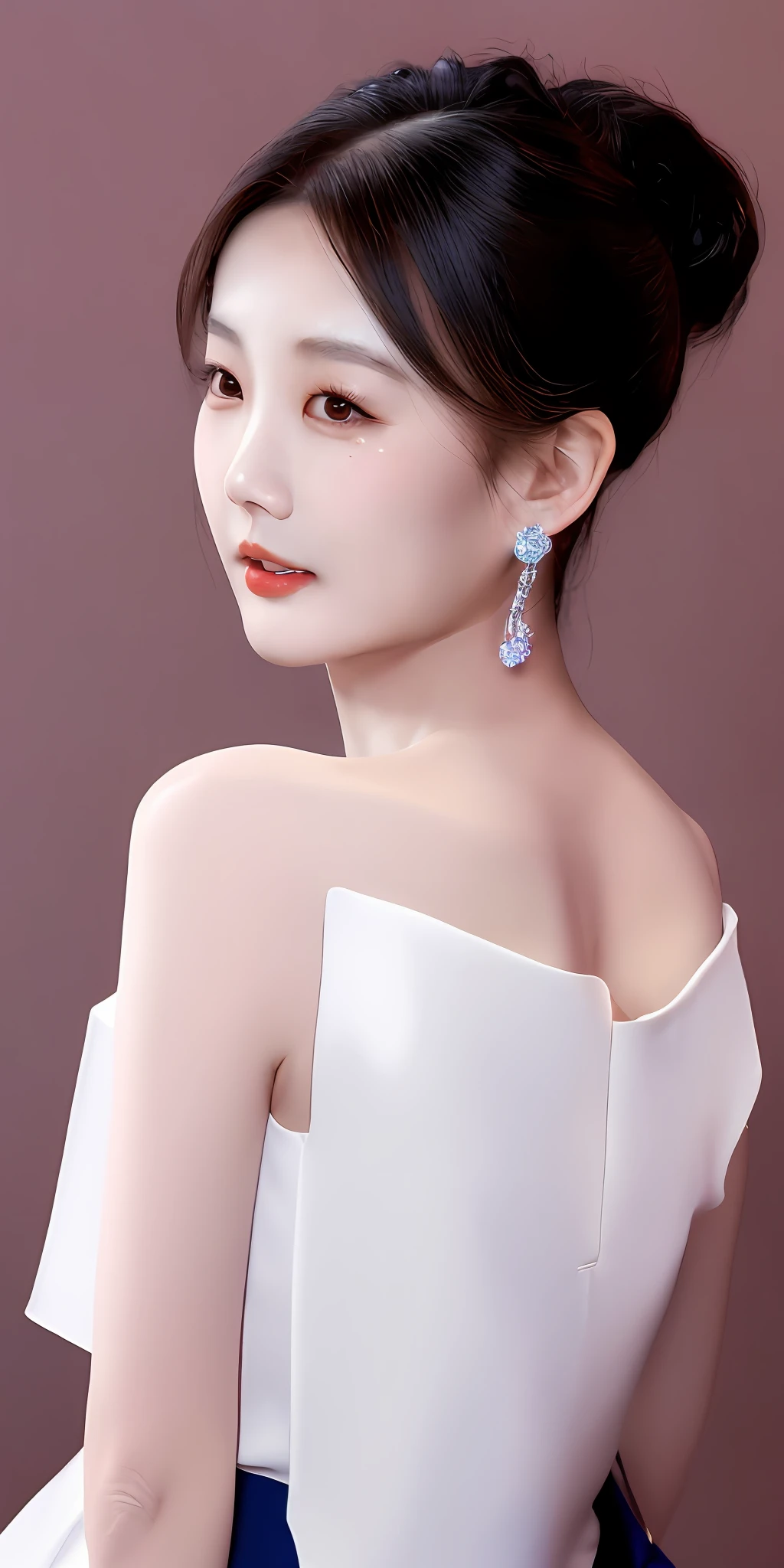 A sexy and charming Korean woman, elegant and intellectual, confident and generous, exquisite and beautiful face, delicate collarbone, charming shoulders, white Korean puff sleeve square neck slim short shirt with high-waisted light jeans set, full body photo, body facing forward, absolutely beautiful and delicate face, pink lips, fragrant shoulders slightly exposed, chest looming, focus on the face, seductive and delicate collarbone, ultra-high resolution, skin supple and smooth, very realistic details, simple background, ultra-high-definition, outstanding details, 8K, face blush, alluring collarbone, Sexy shoulders
