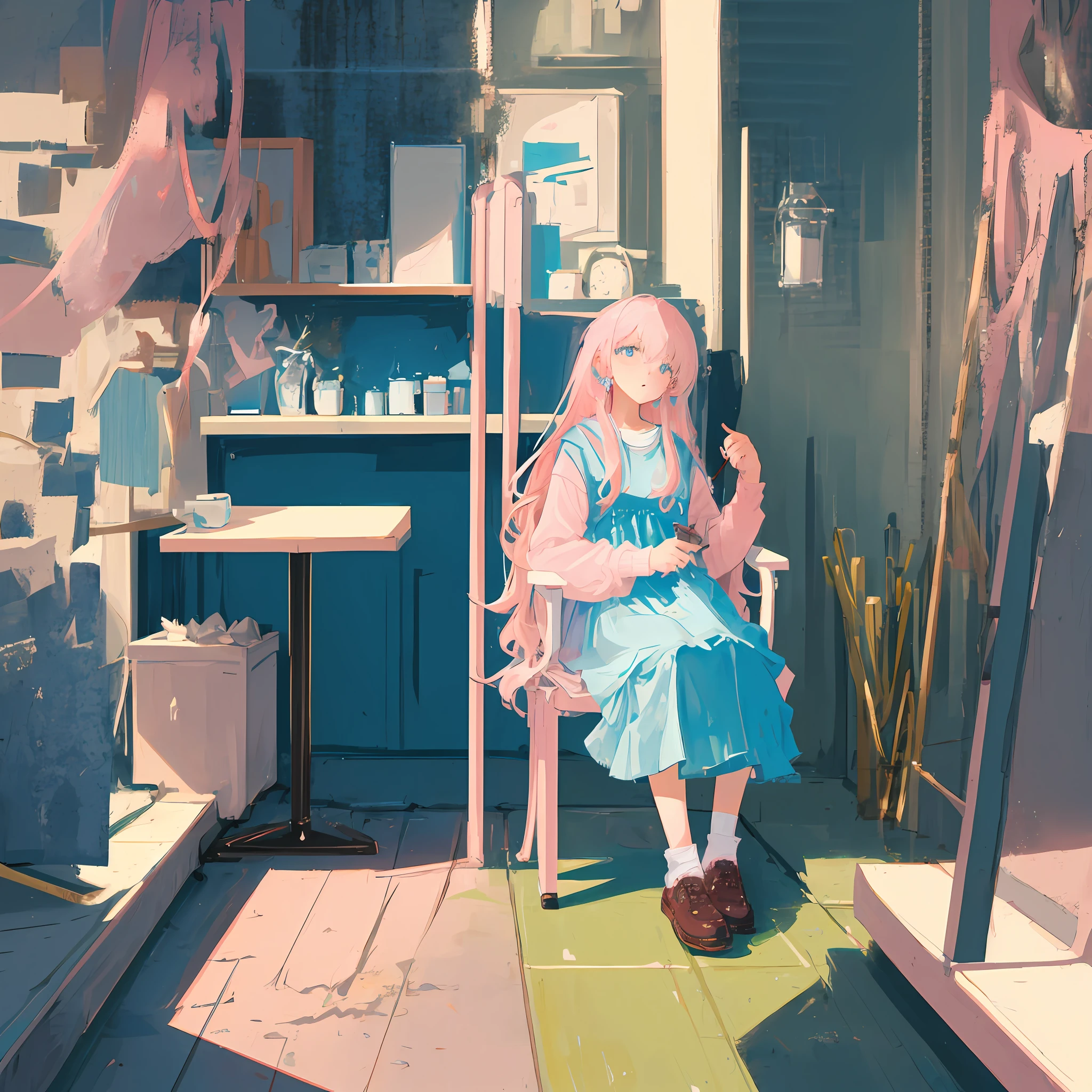 Masterpiece, Best quality, A single girl with long light blue hair,soft pink coloured clothes, holding her left hand to her face, bored, sitting on chair, close up shot.