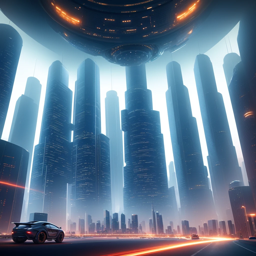 A futuristic city, with people and cars, plus flying drones, screens and holograms, 8K, Cinematic
