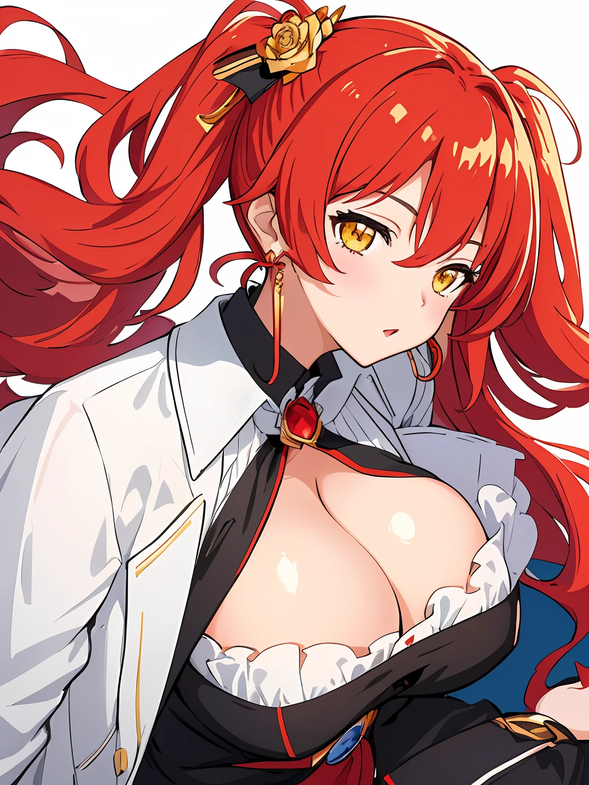 (masterpiece:1.2, best quality), (finely detailed beautiful eyes: 1.2), 1girl, milf, adult ladies, expressive eyes, perfect face, 1girl, official, head, yellow eyes, red hair, long hair, white dress, black jacket, single earring, golden rose on neck, big breast, large breast, bare shoulder, murata himeko from honkai, murata himeko, beautiful concept illustration, (white background:0.5), (illustration:1.1), (extremely fine and beautiful:1.1), (perfect details:1.1), from side, cowboy shot,