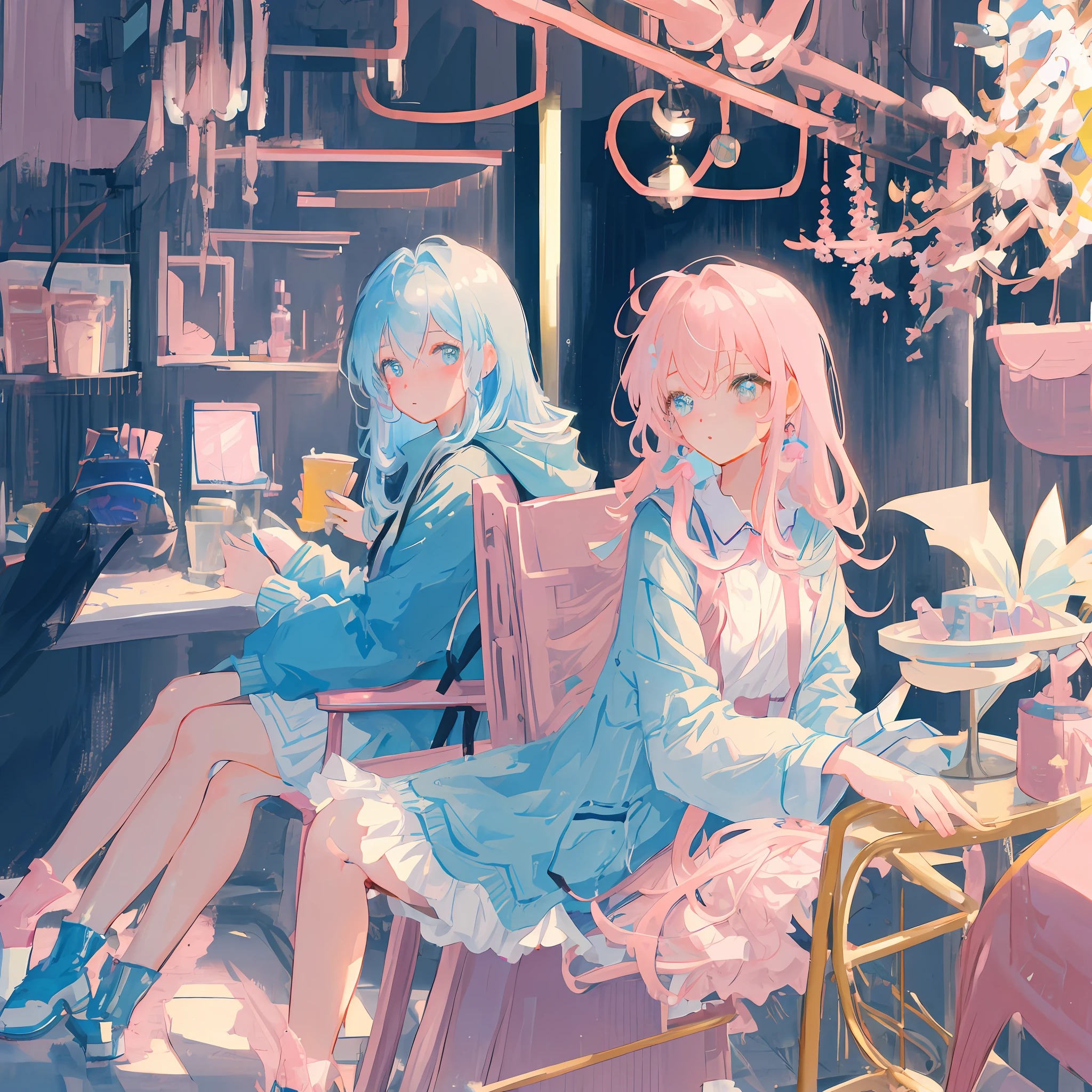 Masterpiece, Best quality, A single girl with long light blue hair,soft pink coloured clothes, chin resting gesture, sitting on a chair, close up shot.