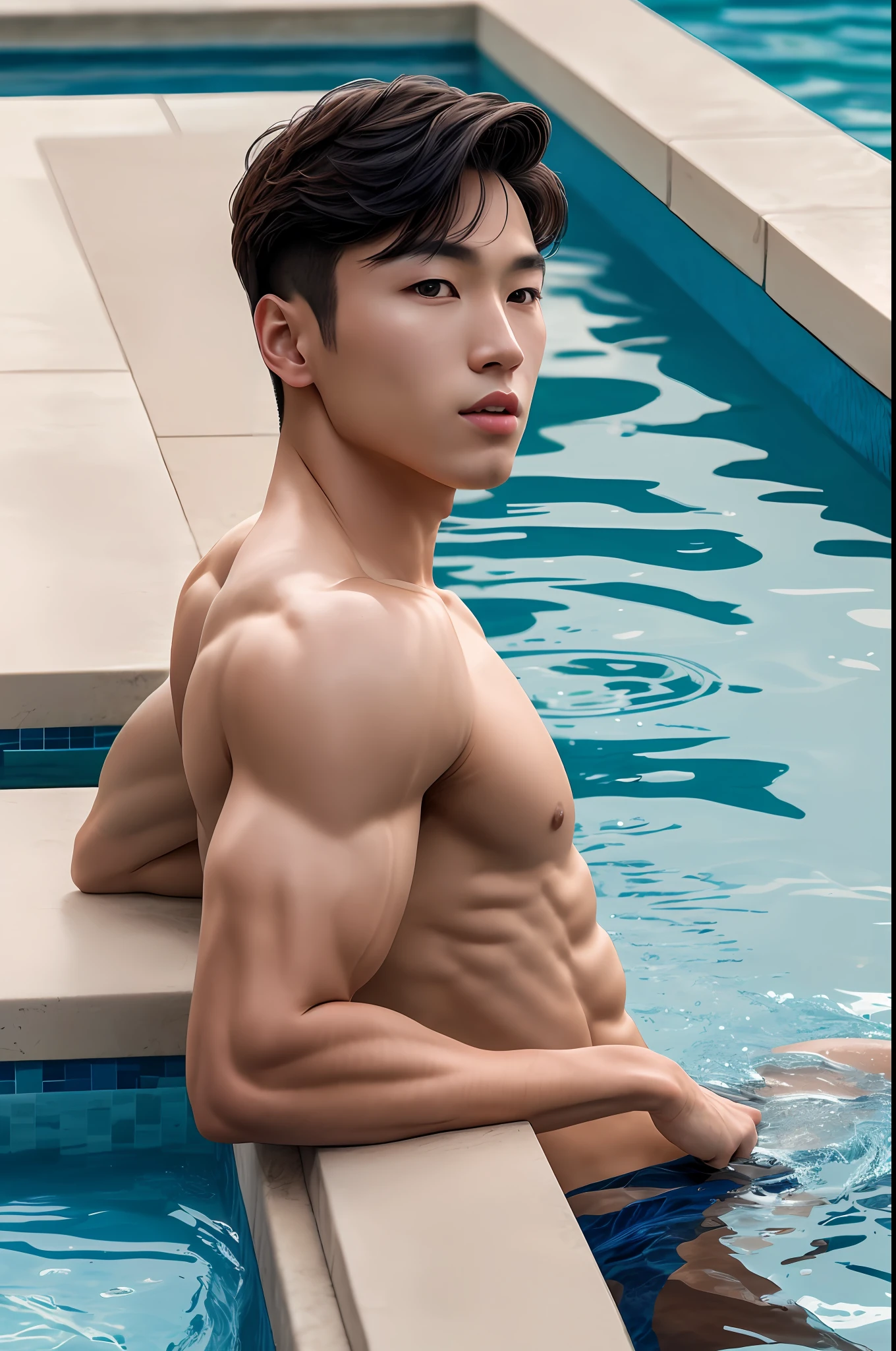 Solo, male focus, (masterpiece, ultra quality, high resolution, 8k, intricate: 1.2), (detailed face:1.2), handsome, Young Korean man ,white skin, double eyelids , detailed skin, 1boy, ((realistic)), abs, good lighting quality, muscle veins, ((pale skin)), sitting in pool