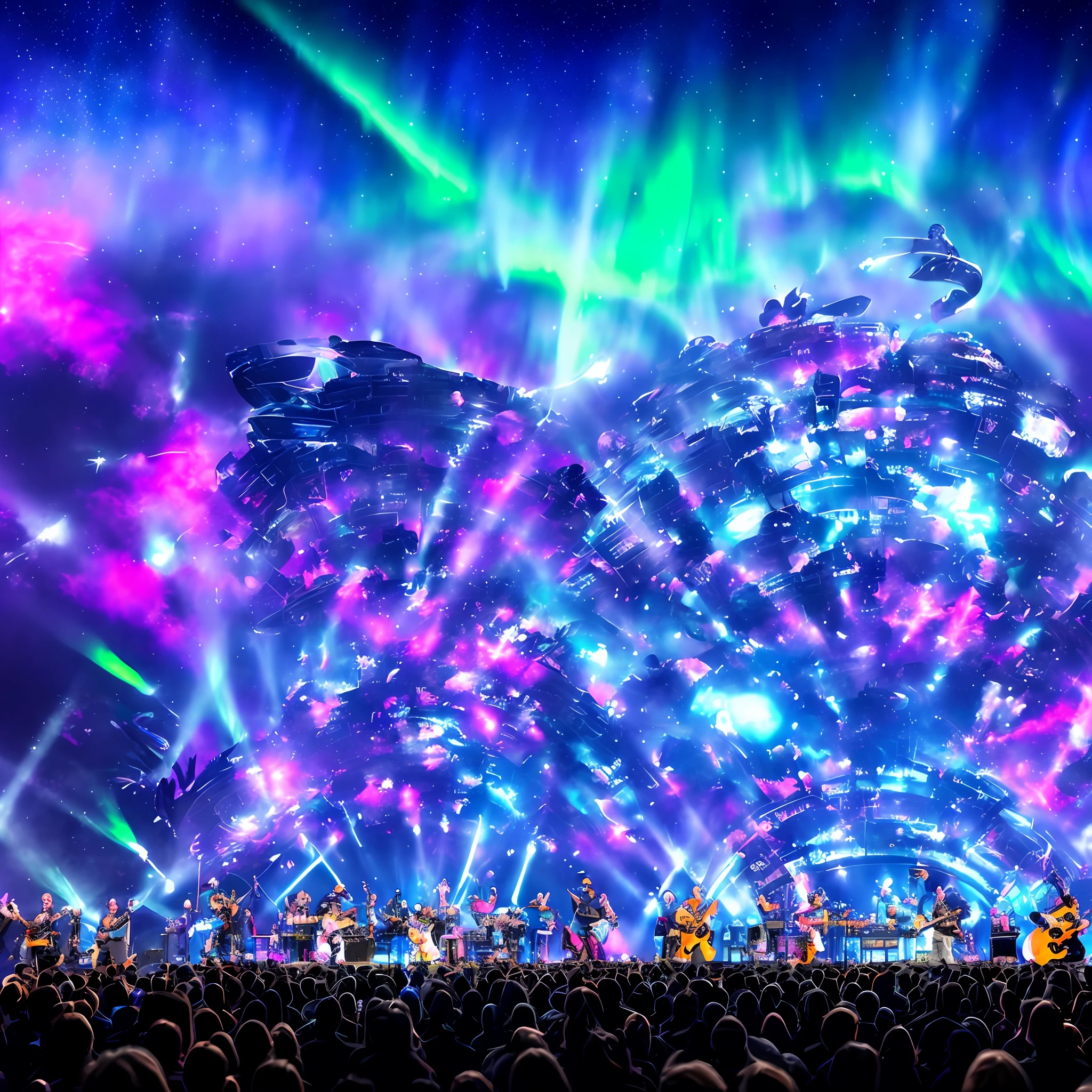 Create a band, highlighting the musicians on stage vocalist, keyboardist, bassist and drummer in the background playing on a futuristic super stage with big screen, blue sky at night with aurora borealis, with the full moon standing out overhead, a huge audience energizing the show highlighting vibrating energies of the audience