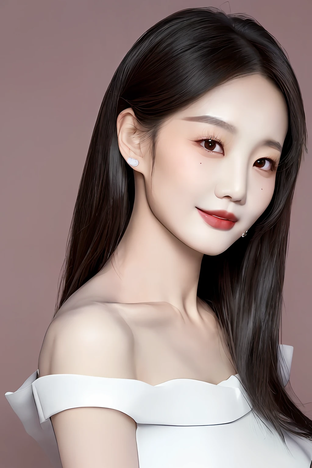 A sexy and charming Korean woman, elegant and intellectual, confident and generous, exquisite and beautiful face, delicate collarbone, charming shoulders, pink lips, white Korean puff sleeves square neck slim short shirt with high-waist light-colored jeans set, full body photo, body facing forward, absolutely beautiful and delicate face, pink lips, fragrant shoulders slightly exposed, chest looming, focus on the face, seductive and delicate collarbone, ultra-high resolution, skin supple and smooth, very realistic details, simple background, ultra-high definition, outstanding details, 8K, face blushing, Seductive collarbone, sexy shoulders