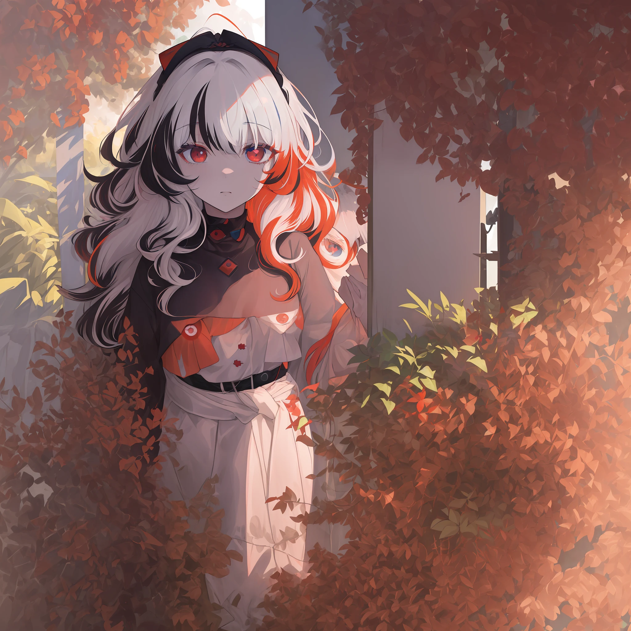 "(masterwork), ultra-detailed portrait of (1girl) red hair, curly hair, long hair, Natsume Iroha with (blue eyes), (grey eyes), and (multicolored eyes:1.5), showcasing a beautiful and perfect anatomy in highres quality."