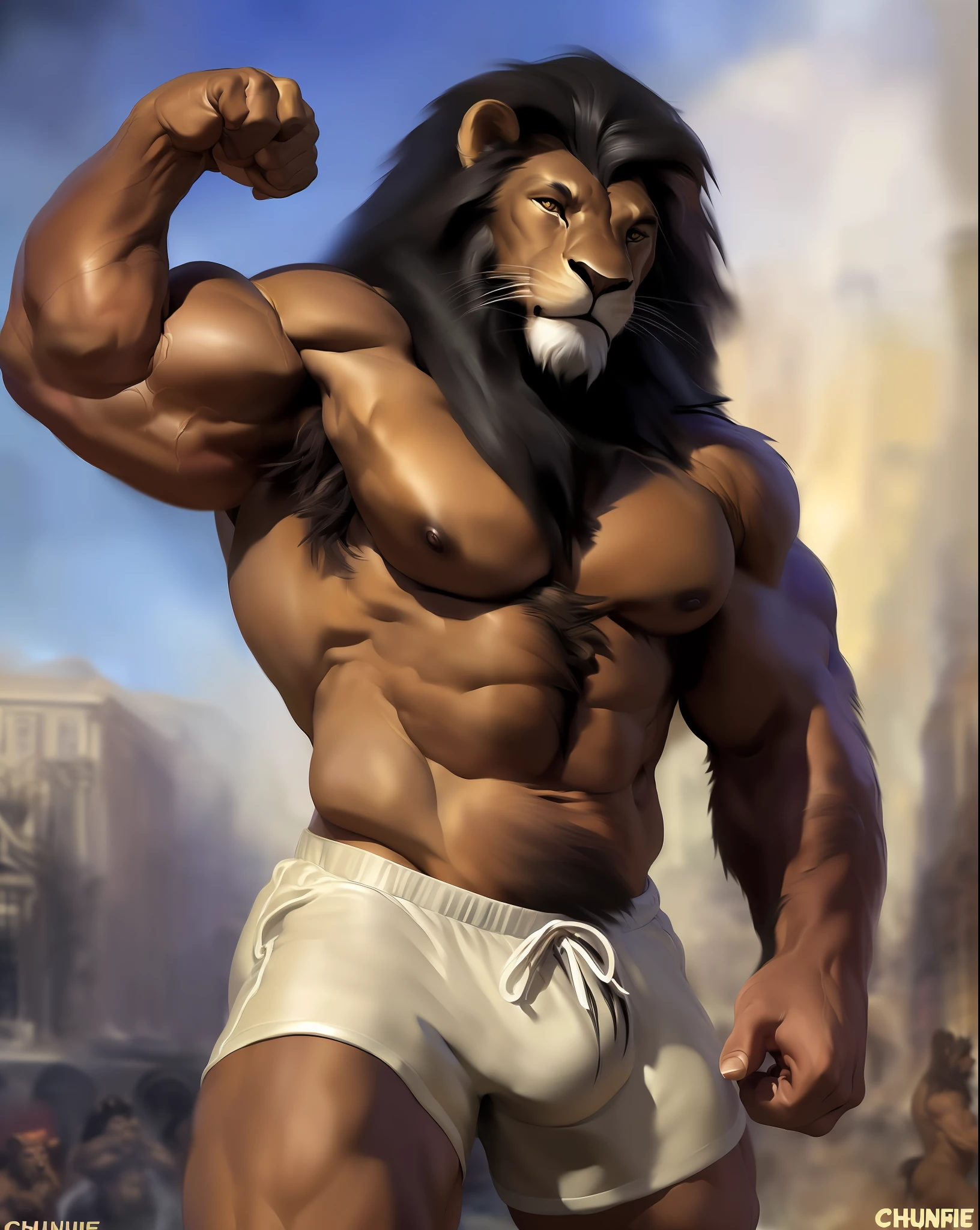 anthro (lion), feline, adult, solo, very muscular, ((sturdyshorts)), flexing, ((posing)), epic, ((biceps flexing)), topless, tail, (brown fur, black mane, detailed fur:1.3), (oiled fur:1.1), bodybuilder, fighter, contest, scene, veiny muscles, detailed background, venue background, photorealistic, hyperrealistic, ultradetailed, (masterpiece:1.2), bulge, correct fists, uncensored, (((by Chunie))), genital outline, dark snout