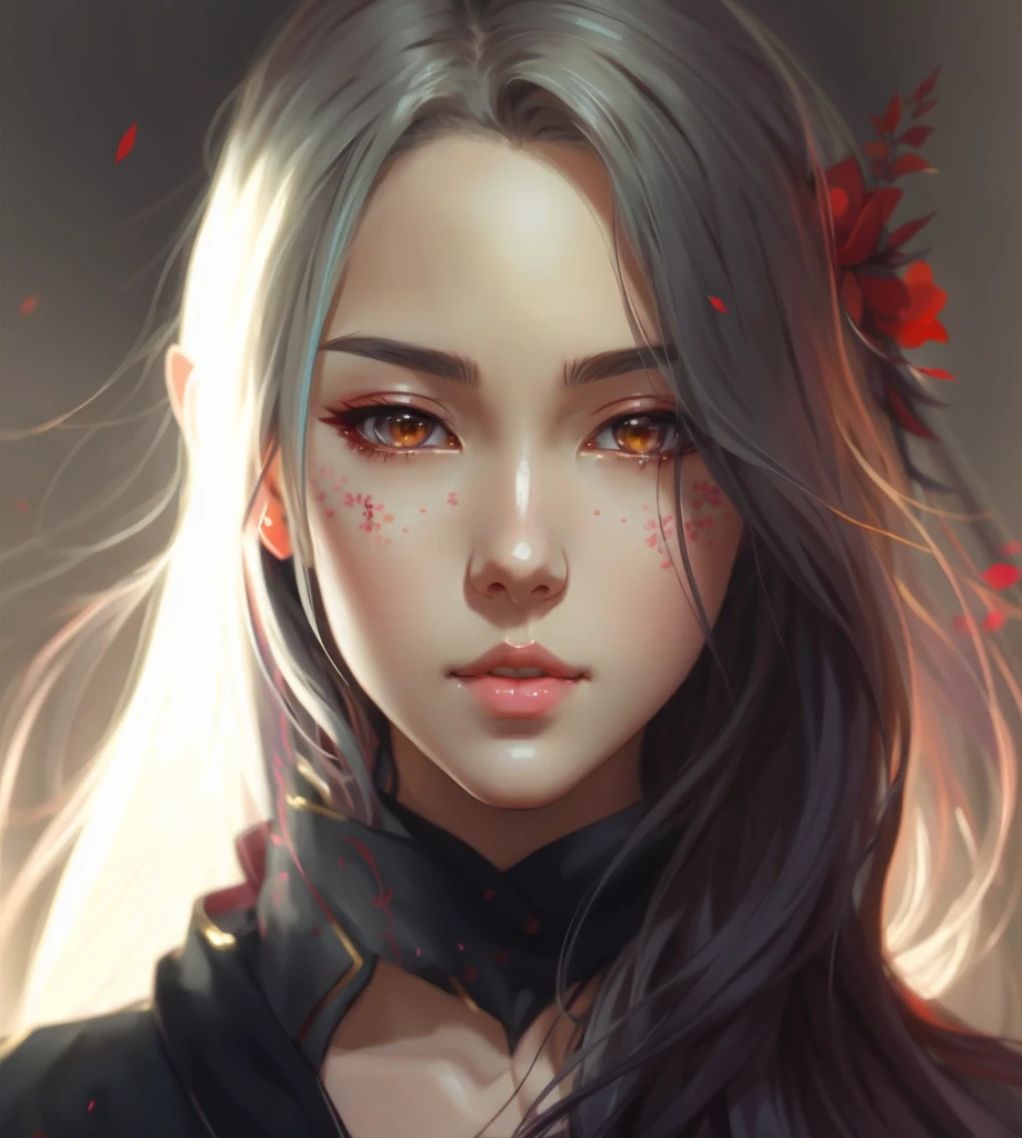 anime girl with long hair and red flowers in her hair, rossdraws portrait, stunning anime face portrait, artwork in the style of guweiz, rossdraws 1. 0, beautiful anime portrait, detailed portrait of anime girl, rossdraws digital painting, rossdraws 2. 0, fantasy concept art portrait, digital fantasy portrait, loish and wlop, fantasy art portrait
