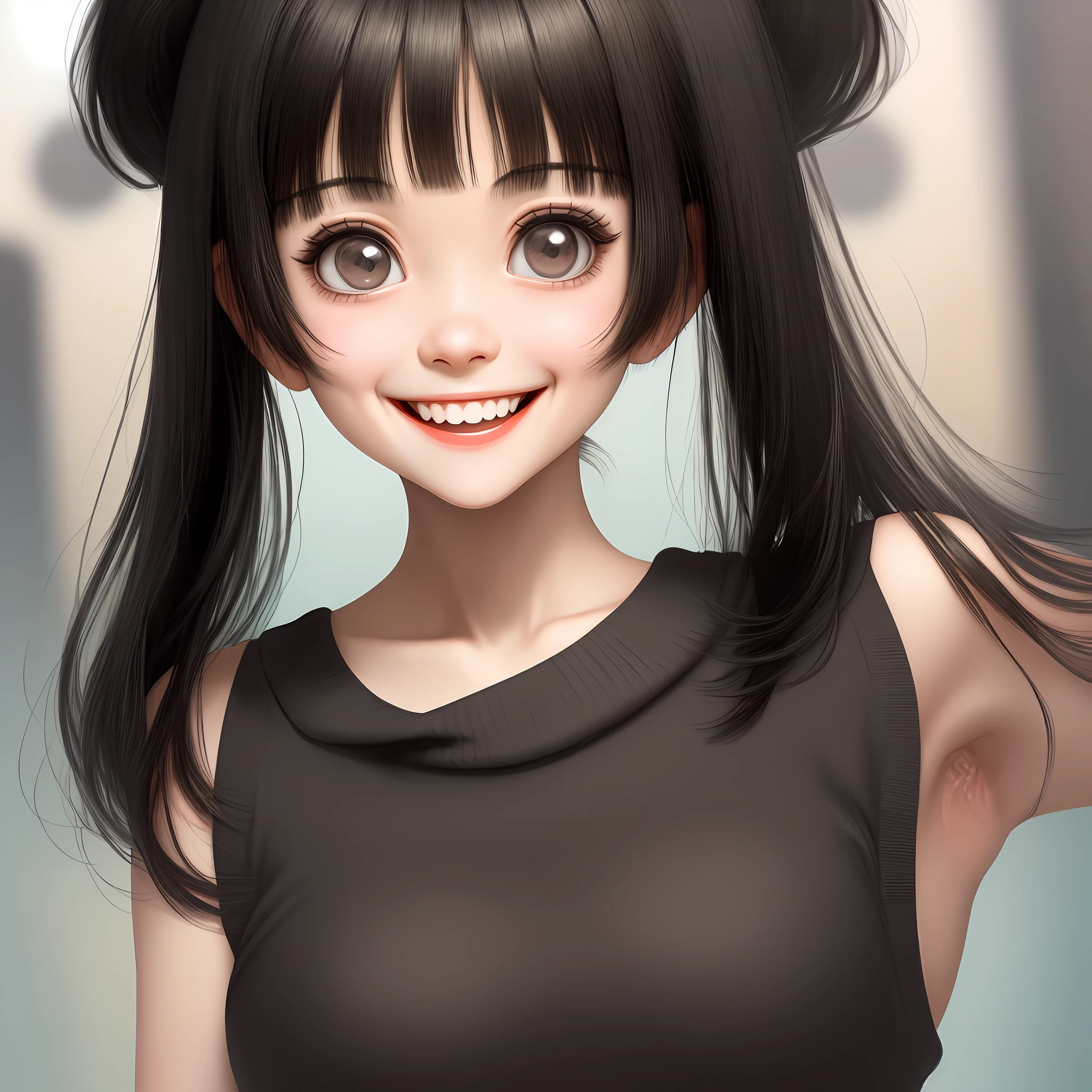 Skinny girl with big eyes, black hair with bangs up to her eyes, wide smile and face and goofy!