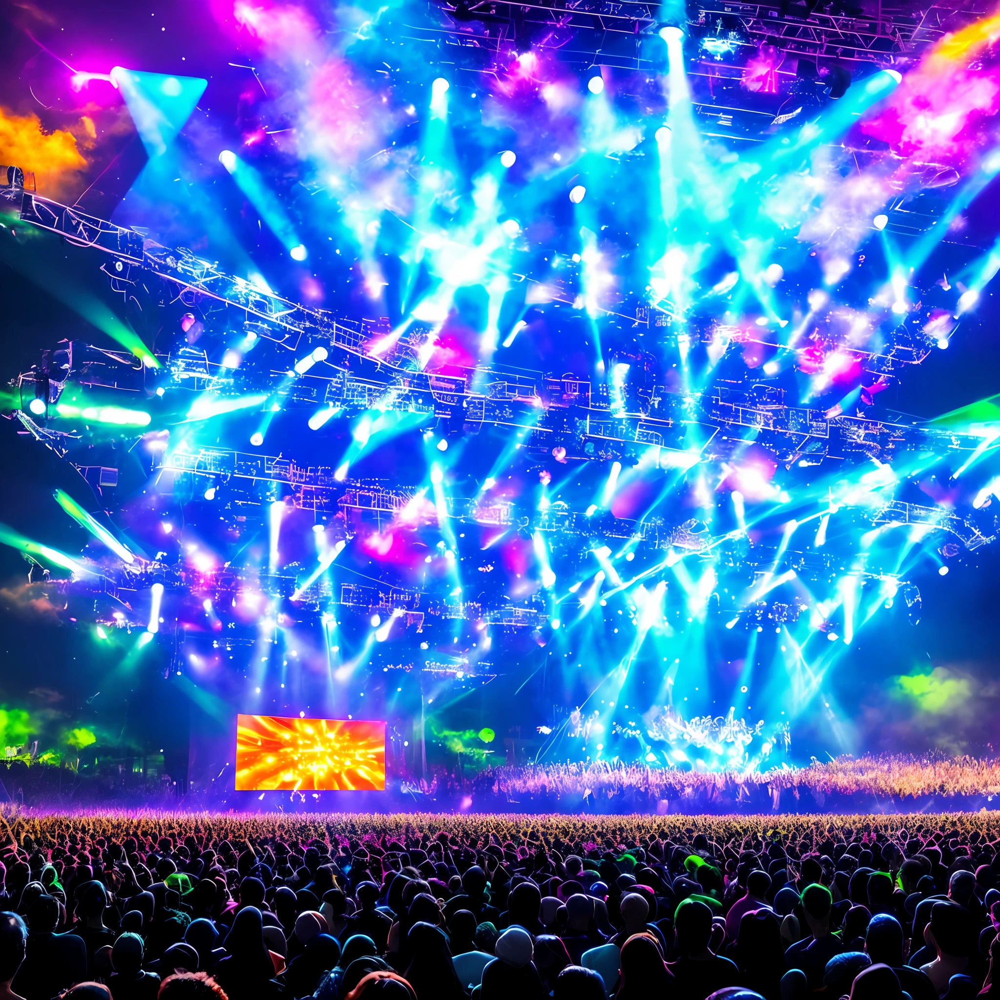 Create a band, highlighting the musicians, playing on a futuristic super stage with a big screen with images of colorful rays, at night, with the full moon standing out on high, a huge audience energizing the show highlighting vibrating energies of the audience