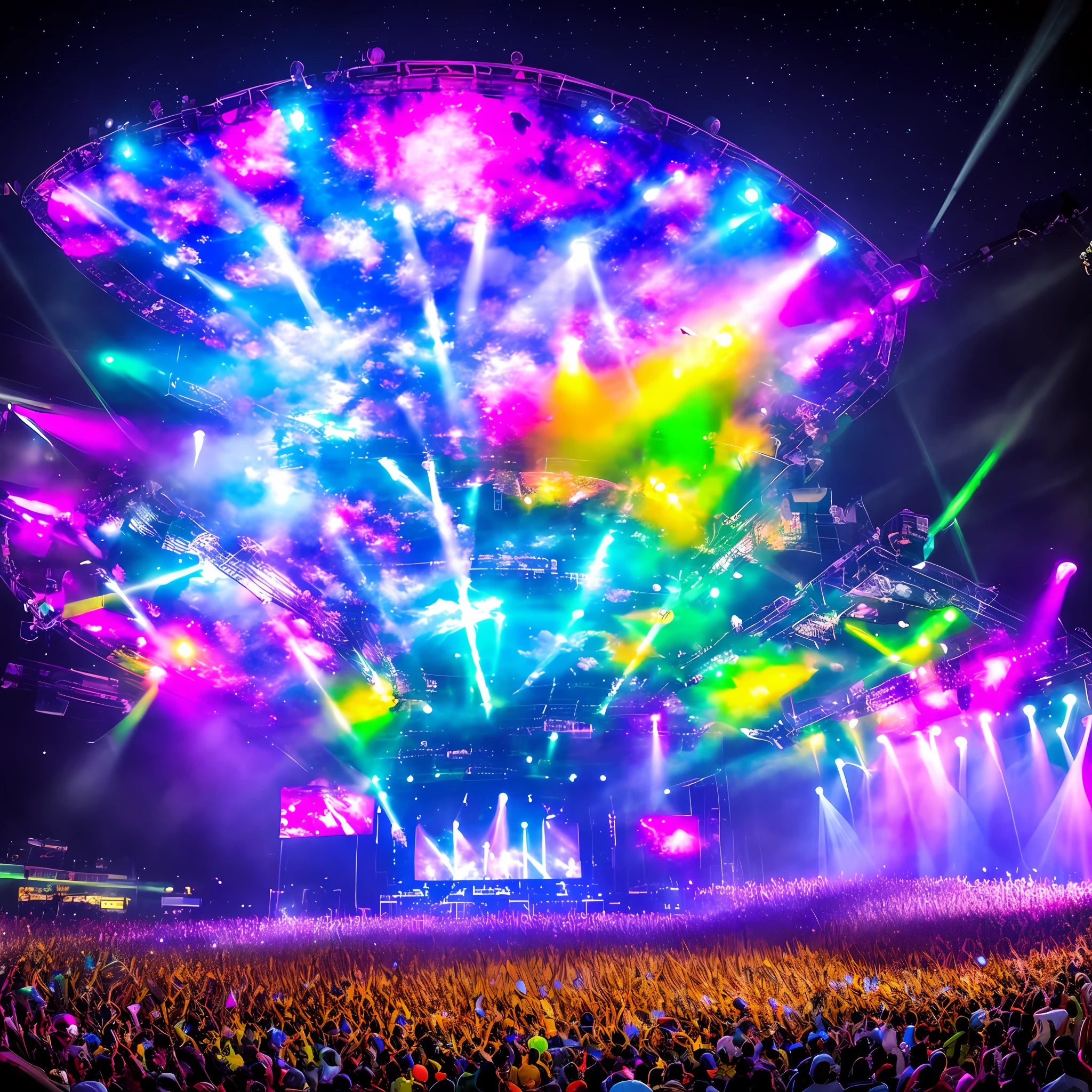 Create a band, highlighting the musicians, playing on a futuristic super stage with a big screen with images of colorful rays, at night, with the full moon standing out on high, a huge audience energizing the show highlighting vibrating energies of the audience