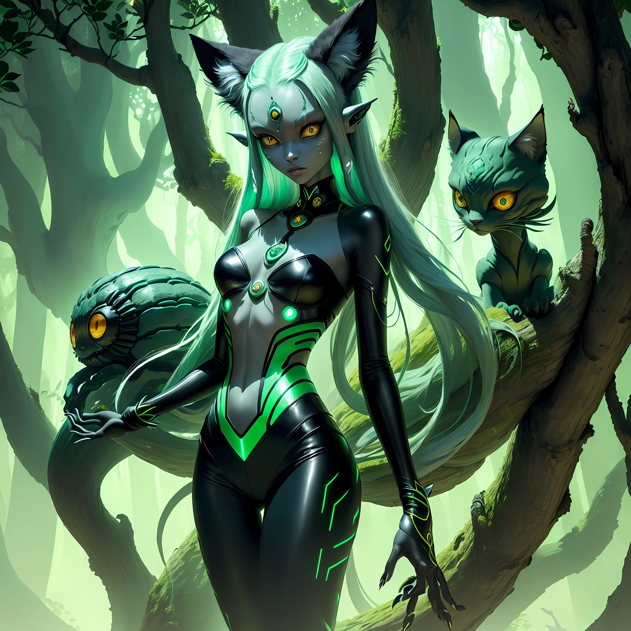 Dressed ((fur)) female alien, anthropomorphic avatar, three eyes, an eye in the middle of the forehead, cat ears, pointed beak, slender fingers, green flashing in the eyes, two hands, looking fierce, with a huge banyan tree, glittering, glowing plants in the background