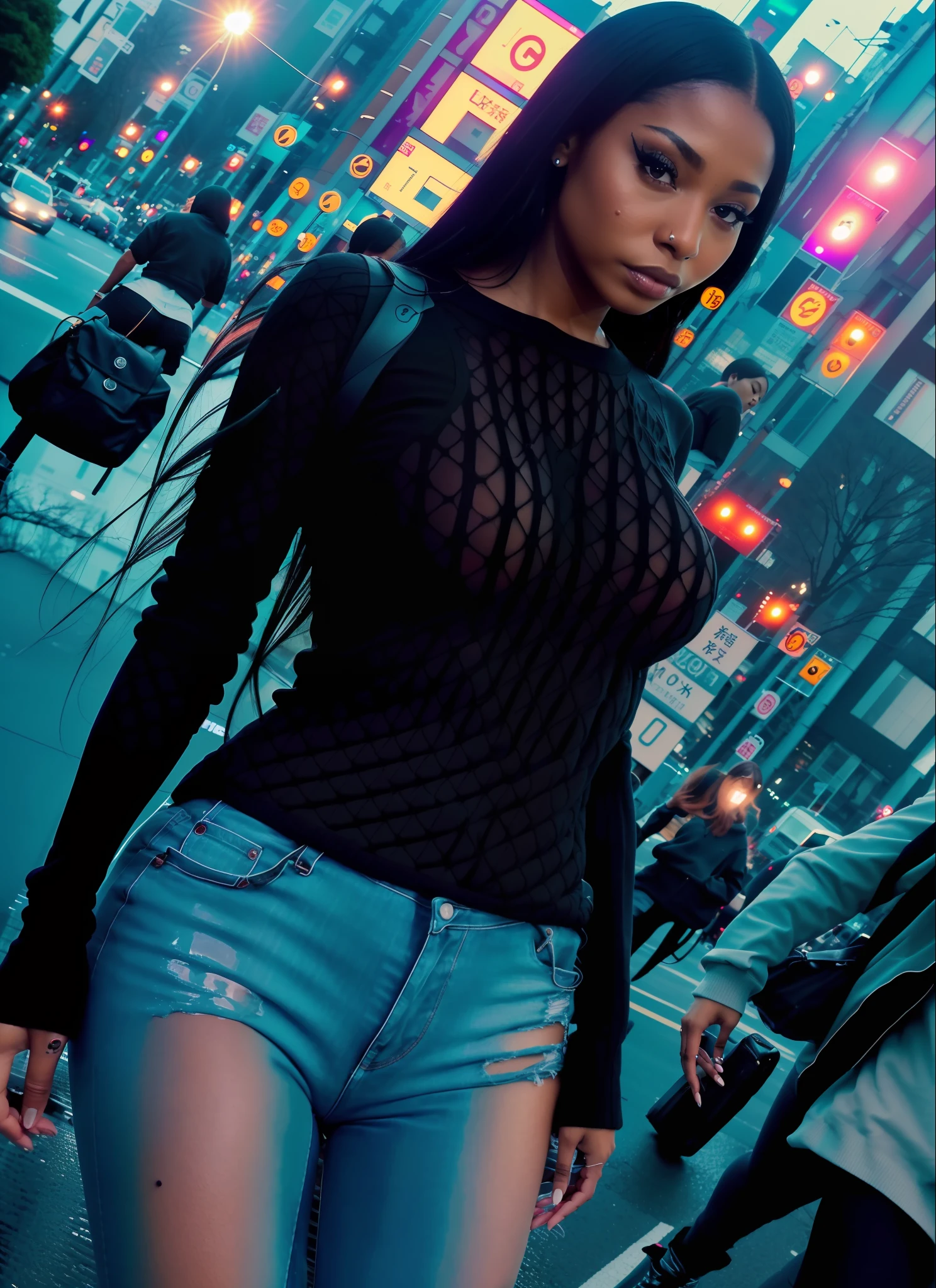 Black woman, Tatto, ISO200, photograph, (detailed skin: 1.2), wearing a tight sweater and jeans at the Shibuya intersection at night on a rainy night