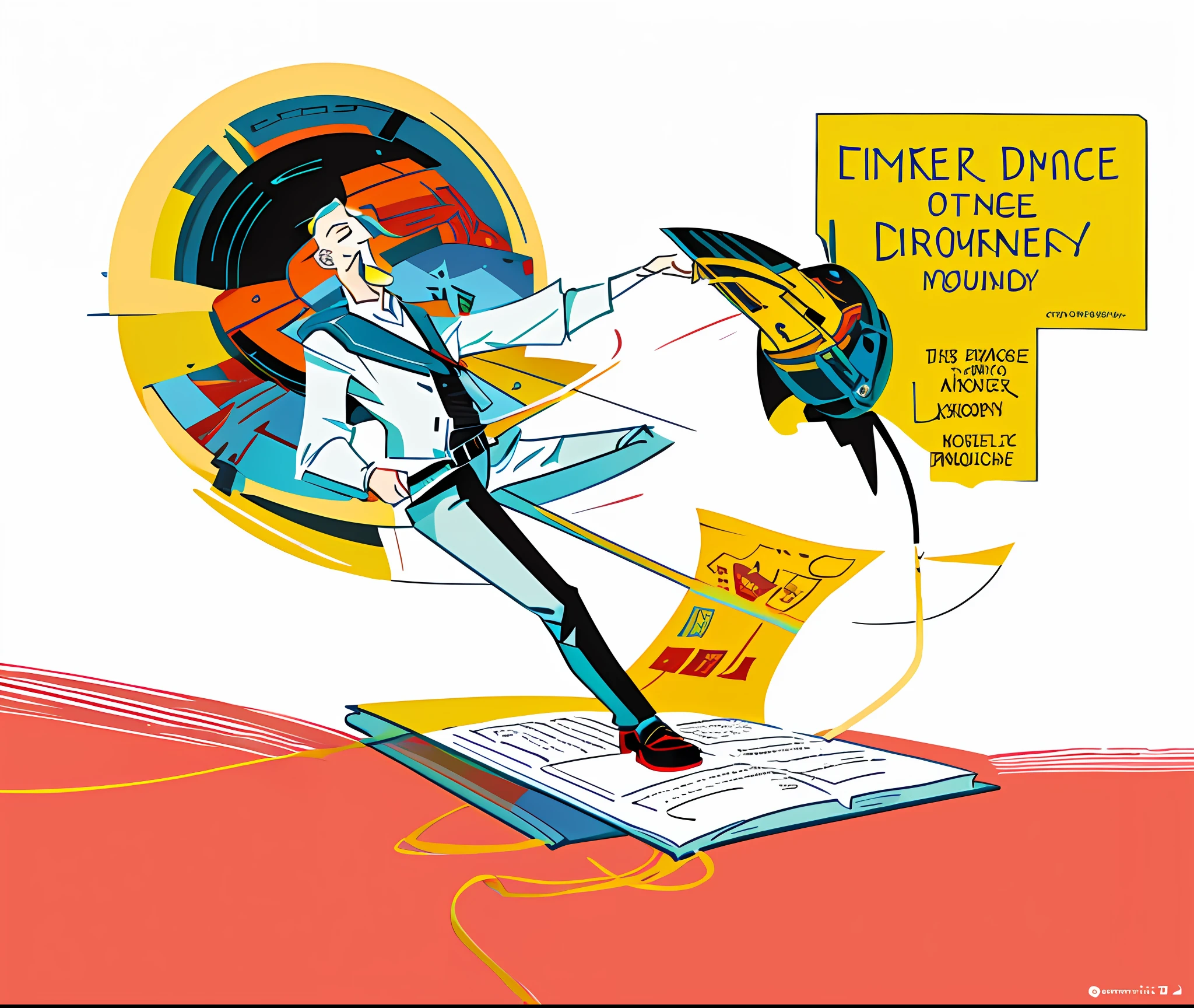 there is a man sitting on a desk with a laptop and a book, flat illustration, editorial illustration colorful, textbook illustration in clolour, encyclopedia illustration, in style of digital illustration, cartoon style illustration, editorial illustration, english text, high quality illustration, coherent text english characters, whole page illustration, exciting illustration, illustration style, animation illustrative style, 2 d illustration