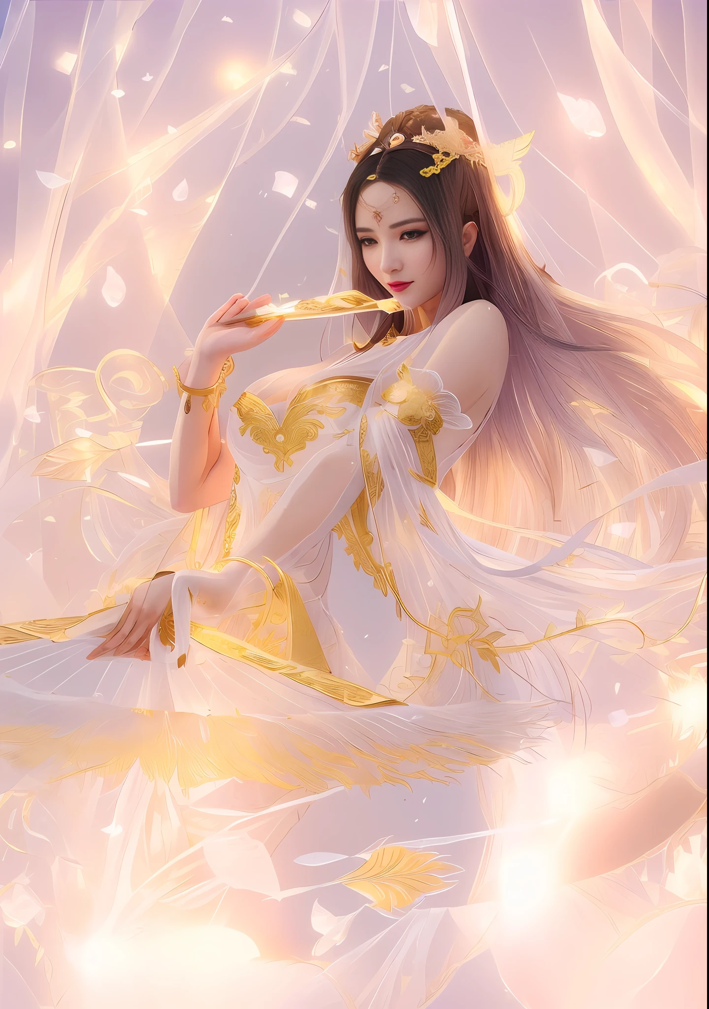 bestbest quality, Beautiful face, tyndall effect, (high detailed skin:1.2), full body detail, a woman in a sexy transparent white lace nightgown with a dragon carving gold belt, (transparent lace:1.2), cinematic goddess body shot, a beautiful fantasy empress, a beautiful sorceress, hyperdetailed fantasy character, full body xianxia, extremely detailed goddess shot, beautiful sorceress, unreal engine render + a goddess, goddess. extremely high detail, (gigantic breasts:0.25), (Coy Smile:1.2), (black long hair:1.2), photorealistic, masterpiece, 4k, 8k, highres, sakura flower