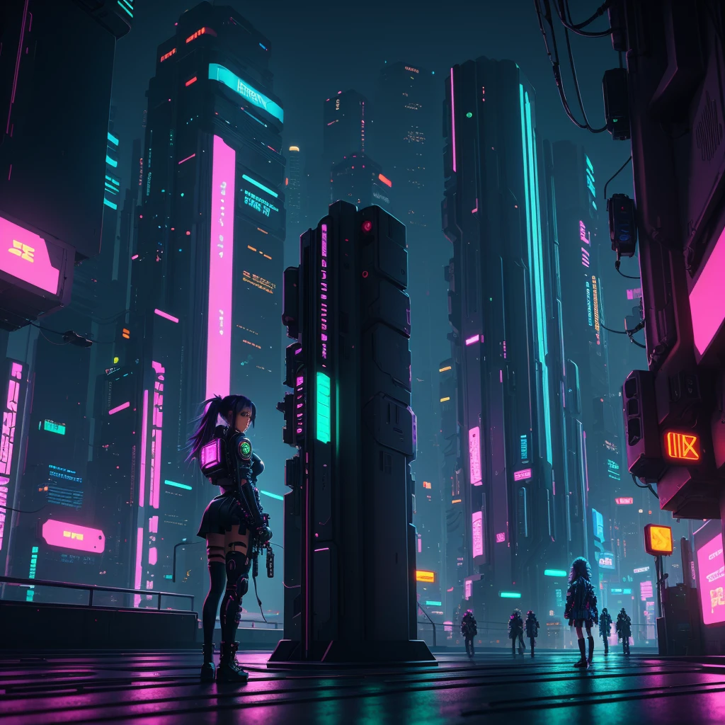 A masterpiece, of the best quality, (very detailed CG Unity 8k wallpaper), (best quality), (best shading),futuristic city with neon lights and a woman standing on a platform, cyberpunk art style, cyberpunk themed art, digital cyberpunk anime art, cyberpunk dreamscape, cyberpunk anime art, cyberpunk vibe, anime cyberpunk art, in cyberpunk city, cyberpunk digital painting, cyberpunk vibes, cyberpunk digital art, in a futuristic cyberpunk city, digital cyberpunk - anime art, at a cyberpunk city, cyberpunk lights