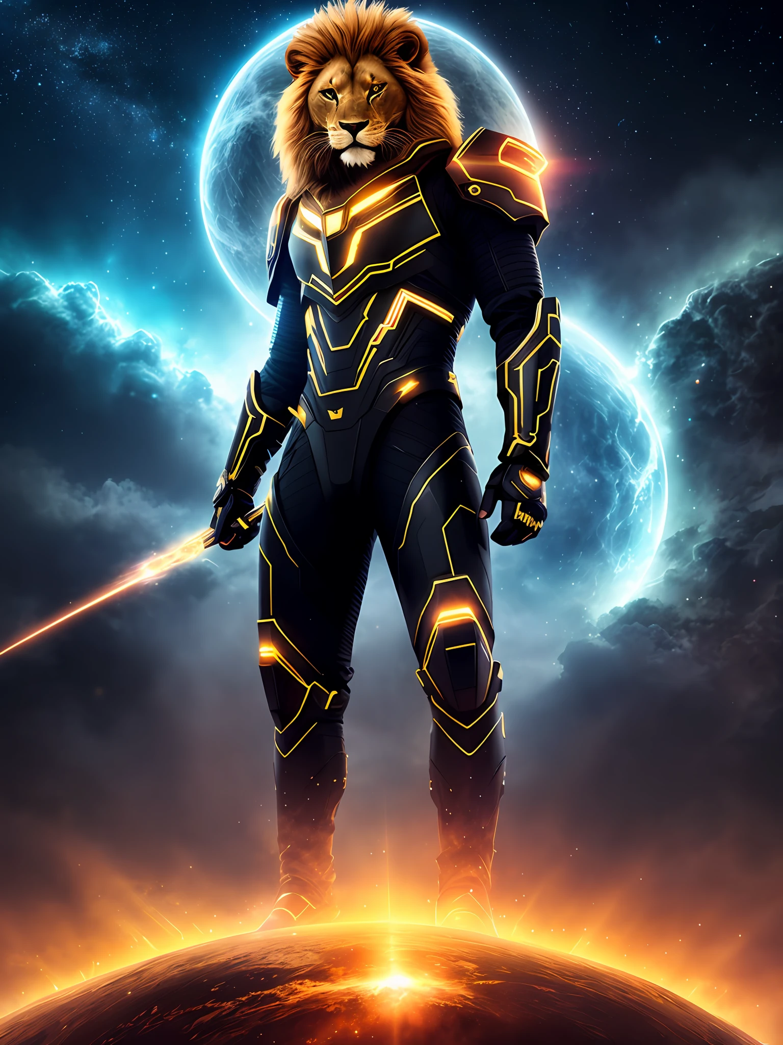 An imposing, warrior lion in a black and gold futuristic cyber suit in a cinematic setting, with dramatic lighting, an ultra-modern, symmetrical ship in the background, and a nebula.
Description [1]: In a stunning digital illustration by artist Joe Johnson, an imposing warrior lion stands tall, adorned in a sleek black and gold futuristic cyber suit. The lion's gaze exudes power and determination as it commands attention. Set in a cinematic backdrop, a symmetrical, ultra-modern ship emerges from the depths of the frame, its metallic contours gleaming. The scene is bathed in dramatic lighting, casting deep shadows and accentuating the lion's regal presence. The ethereal glow of a nebula adds a touch of cosmic mystique. Colors blend harmoniously, merging darkness and light in a captivating visual spectacle full HD