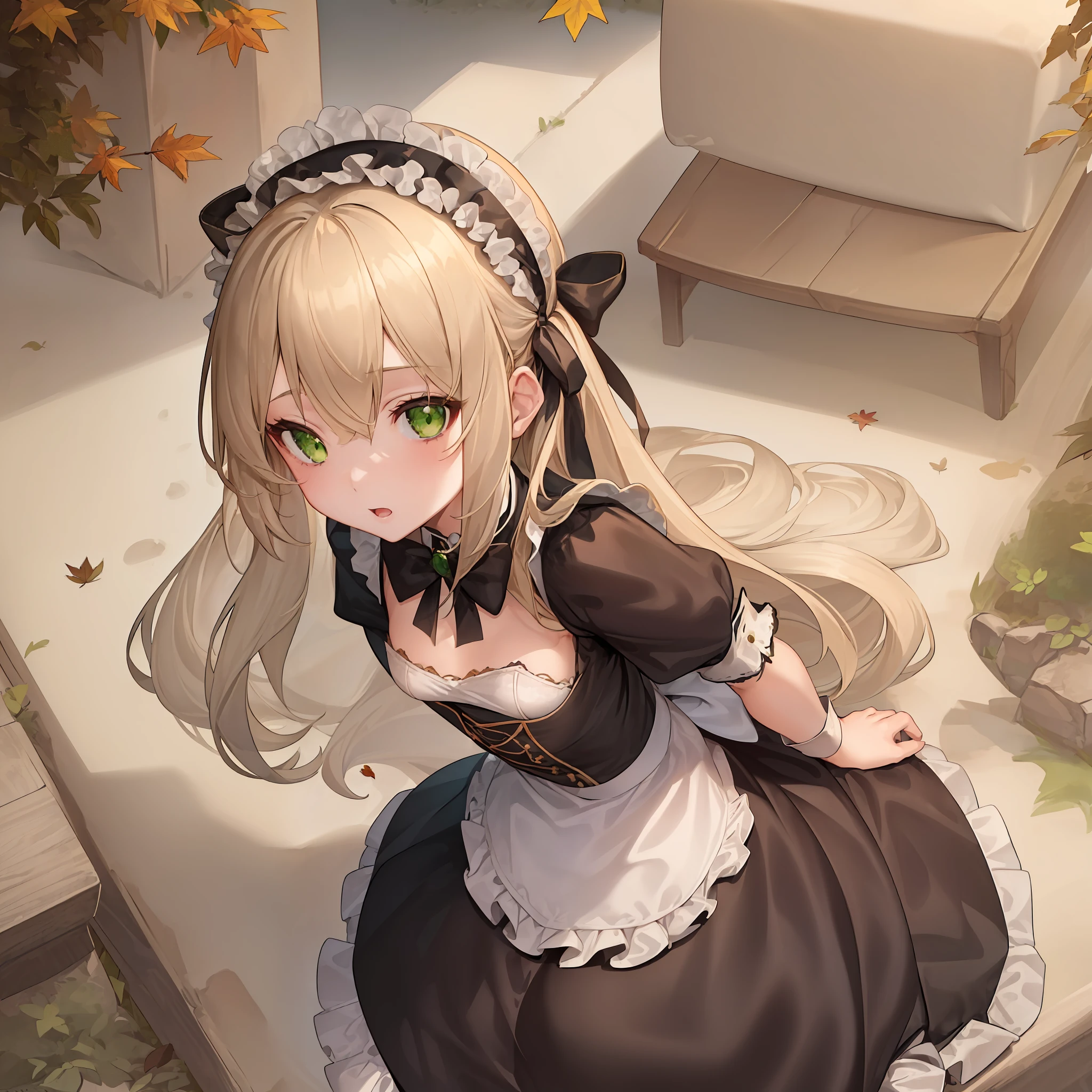 1girl, solo, solo focus, small breasts, beige long hair, blonde hair, green eyes, ultra-detailed, portrait, perfection, beautiful, autumn, maid dress