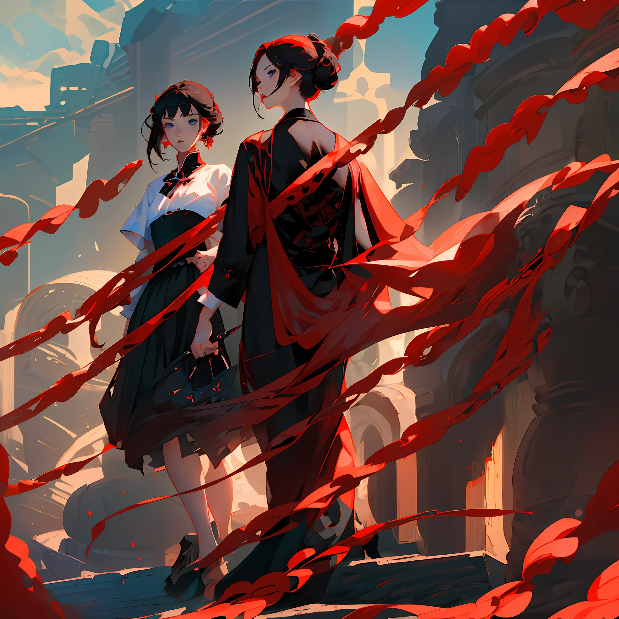 best quality, anime (a cute girl in the center) , long ( black and red) hair ,blue eyes, black and red chinses dress, flowers of backgrounds,