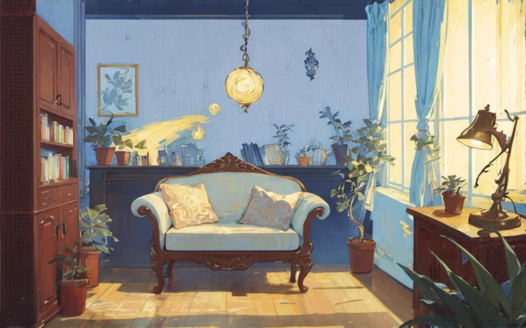 living room, sofa, window, curtains, dappled sunlight, potted plant, table, cabinet, bookshelf, paper, lamp, typewriter, garden