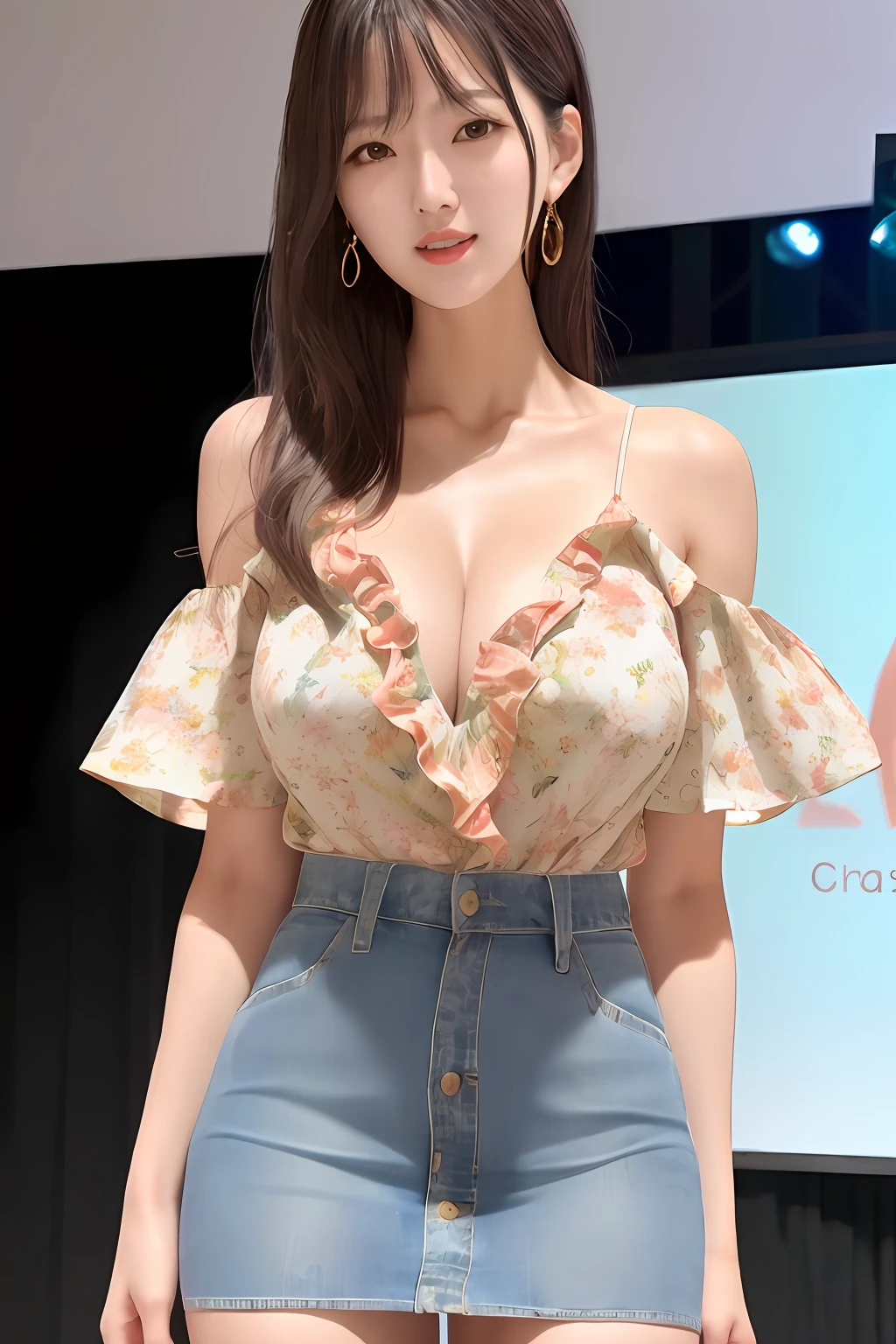 Realistic, textured skin, front, seen from the front, {best quality}, {highres}, beautiful and charming mature girl, full body photo, 18 years old, delicate and charming pretty face, smiling, slender and tall body, delicate and charming collarbone, air bangs, black hair, bright and charming eyes, pink lips, double eyelids, deep cleavage, supple and smooth skin, golden ratio, perfect body, Korean version ruffled floral shirt with high-waisted loose denim strap skirt suit, speaking on the stage , bright classrooms,