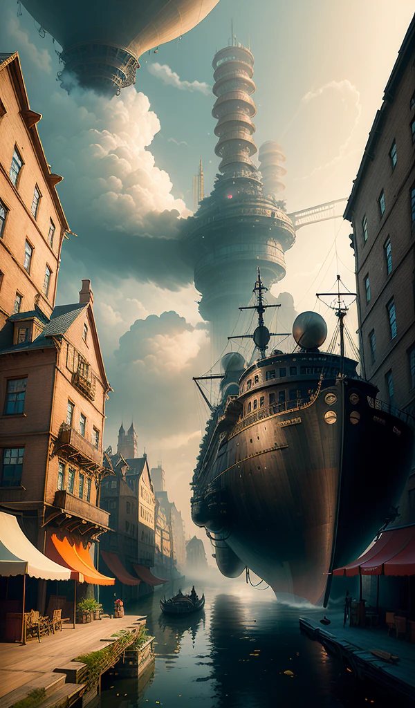 ((masterpiece)), (best quality), (high detial), ((realistic,)) (fisheye perspective)) Sky, huge steam airship, industrial age city, bazaar, bridge, rainy day, steampunk, European architecture, sky bridge, spirit realm, abyss,