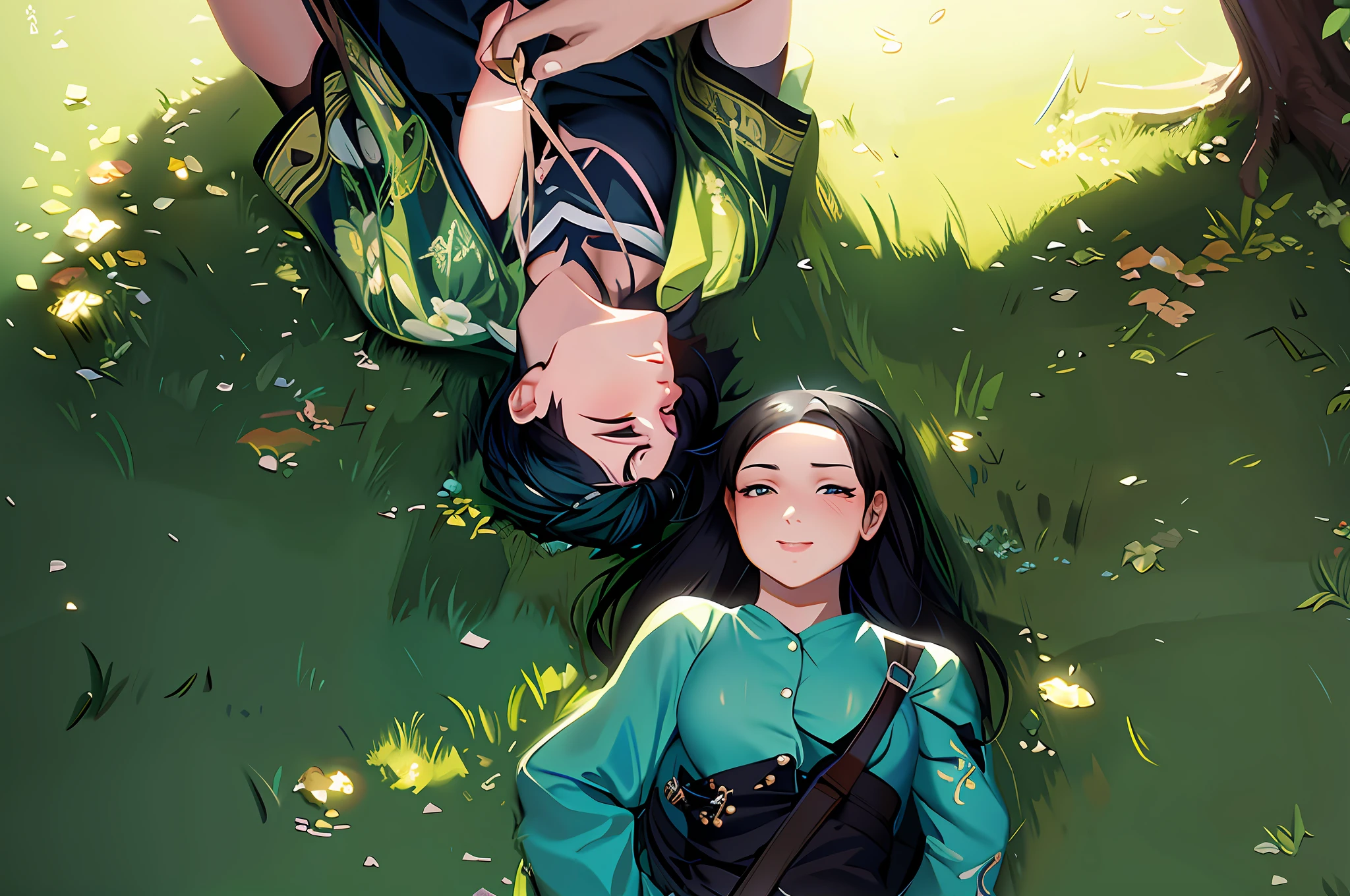 there are two people laying on the grass together, artwork in the style of guweiz, guweiz and makoto shinkai, high quality fanart, makoto shinkai and artgerm, artgerm and atey ghailan, official fanart, lying on the grass, made with anime painter studio, digital anime illustration