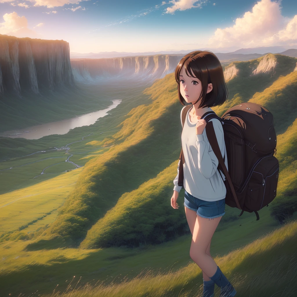 (beautiful and magnificent skyline, majestic sky), (extremely tense and dramatic pictures, moving visual effects), (high hanging Polaris, colorful natural light), (1girl), (long-sleeved top, denim shorts, carrying a backpack), (dynamic pose:1.3, black eyes, black hime-cut hair, sparkling girl)[:0.8], (large grassland), (oncoming breeze), (brown hair and background Coordination effect: 1.2), (close shot, long shot mix and match)[::0.9]