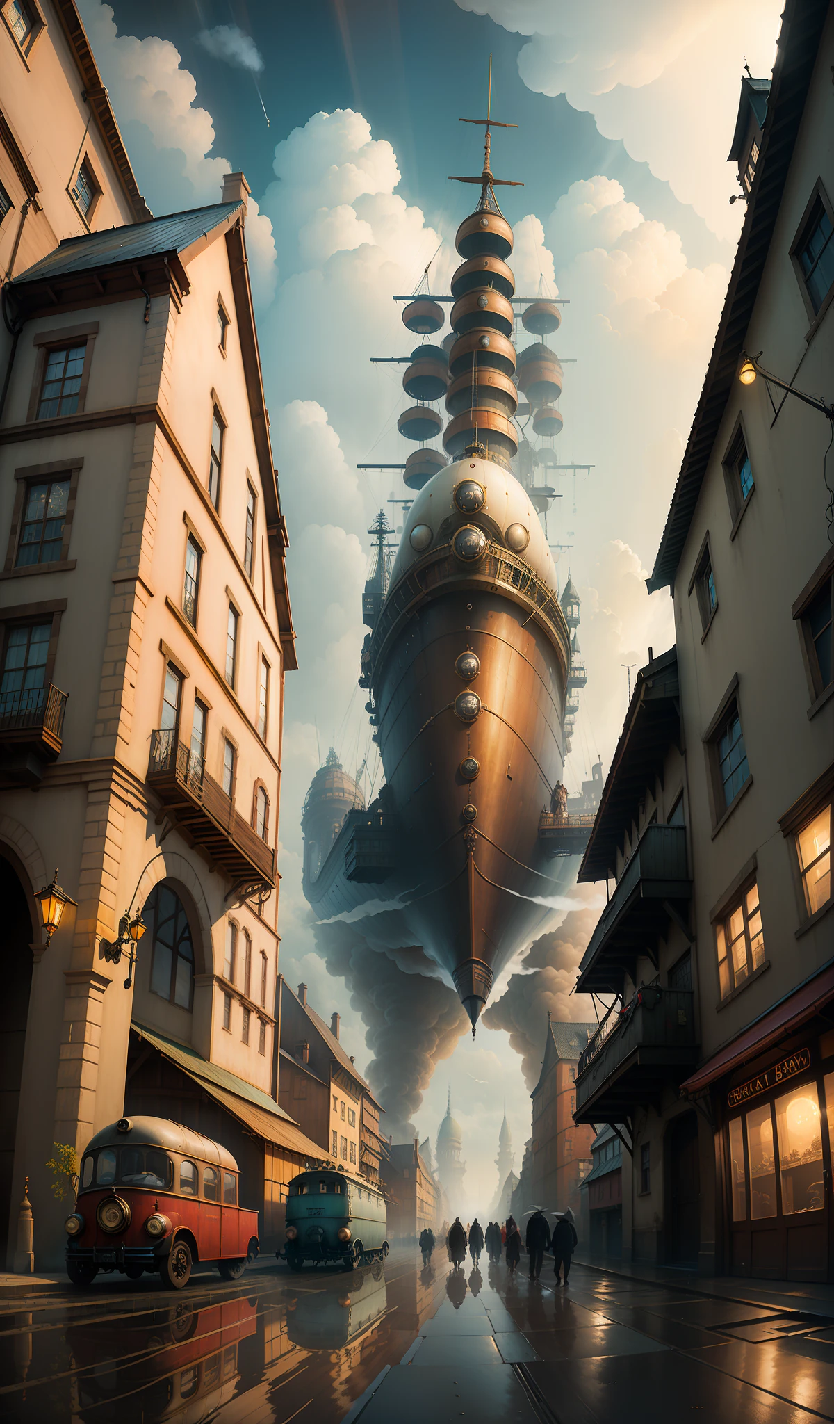 ((masterpiece)), (best quality), (high detial), ((realistic,)) (fisheye perspective)) Sky, huge steam airship, industrial age city, bazaar, bridge, rainy day, steampunk, European architecture, sky bridge, spirit realm, abyss,