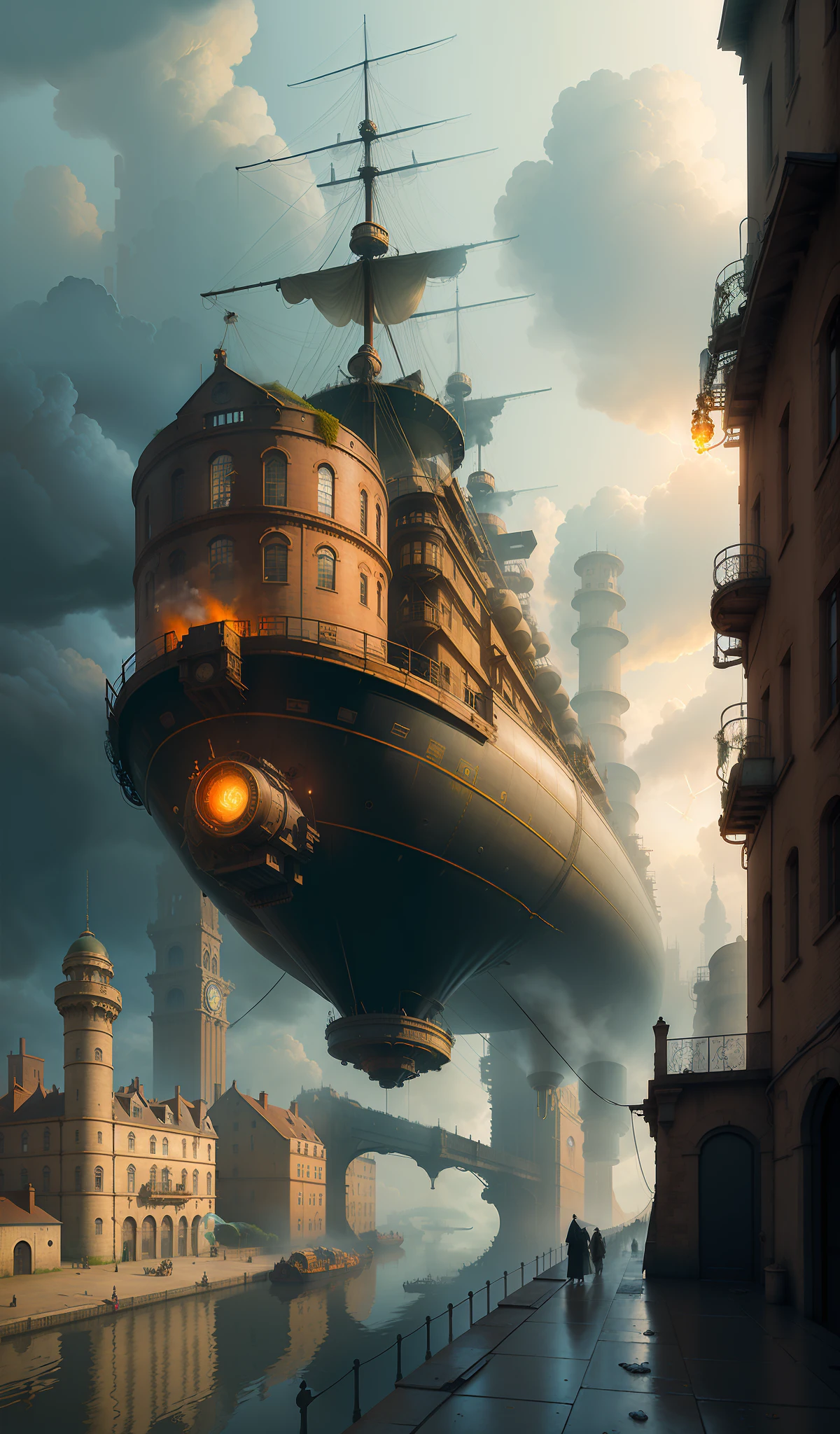 ((masterpiece)), (best quality), (high detial), ((realistic,)) sky, huge steam airship, small flying machine, robot, pyrotechnics, ruins, industrial age city, bazaar, bridge, rainy day, steampunk, European architecture, sky bridge, spirit, abyss,