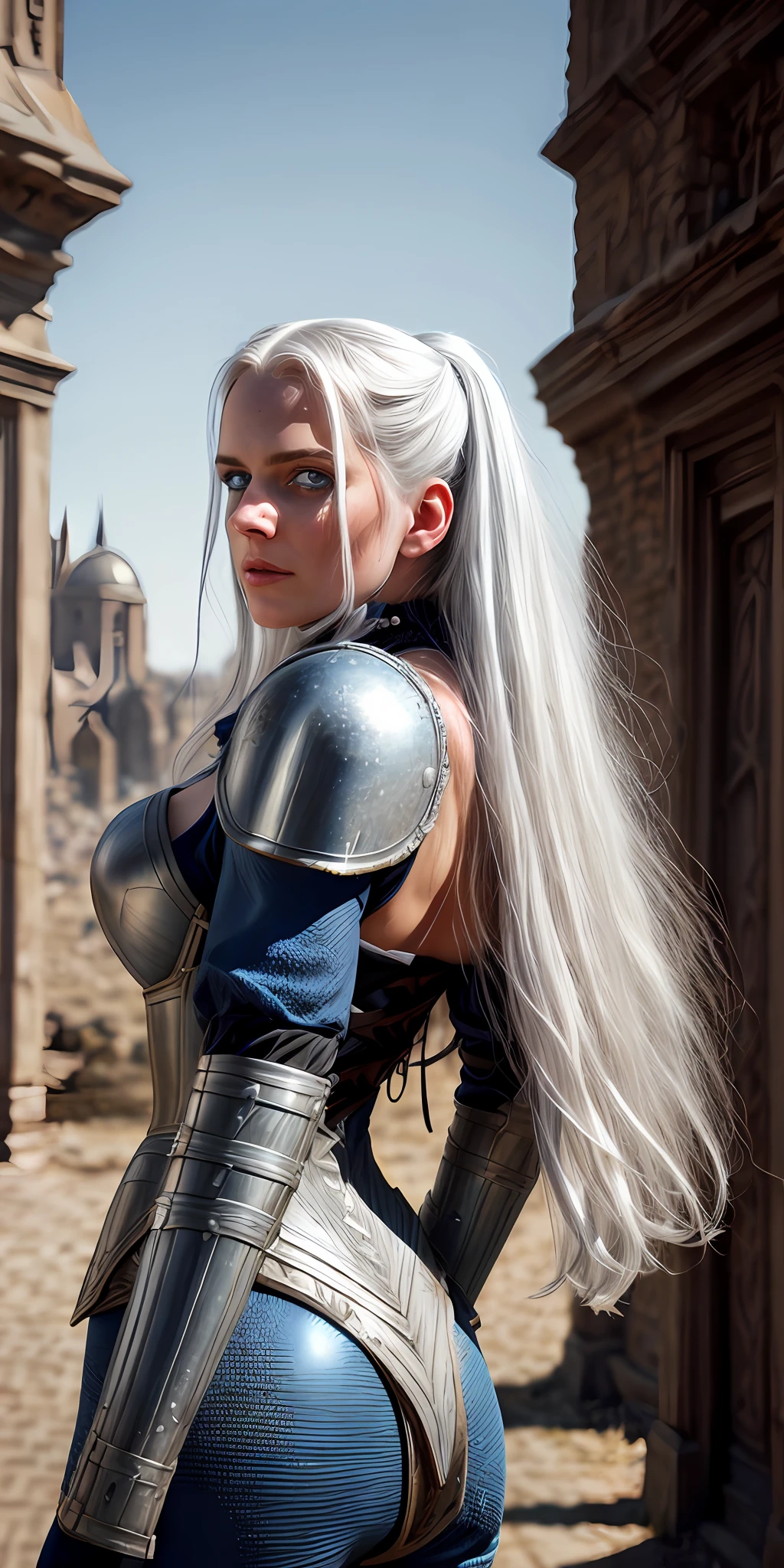 a beautiful woman, blue eyes, long white hair, defined body, wearing detailed Victorian-era mask and armor (( super strong )), masterpiece, best quality, ultra-detailed, ground, destroyed city background, shadows, contrast, clear sky, analog style (look at viewer:1.2) (skin texture) (film grain:1.3), ultra-high resolution, octane render, 16k