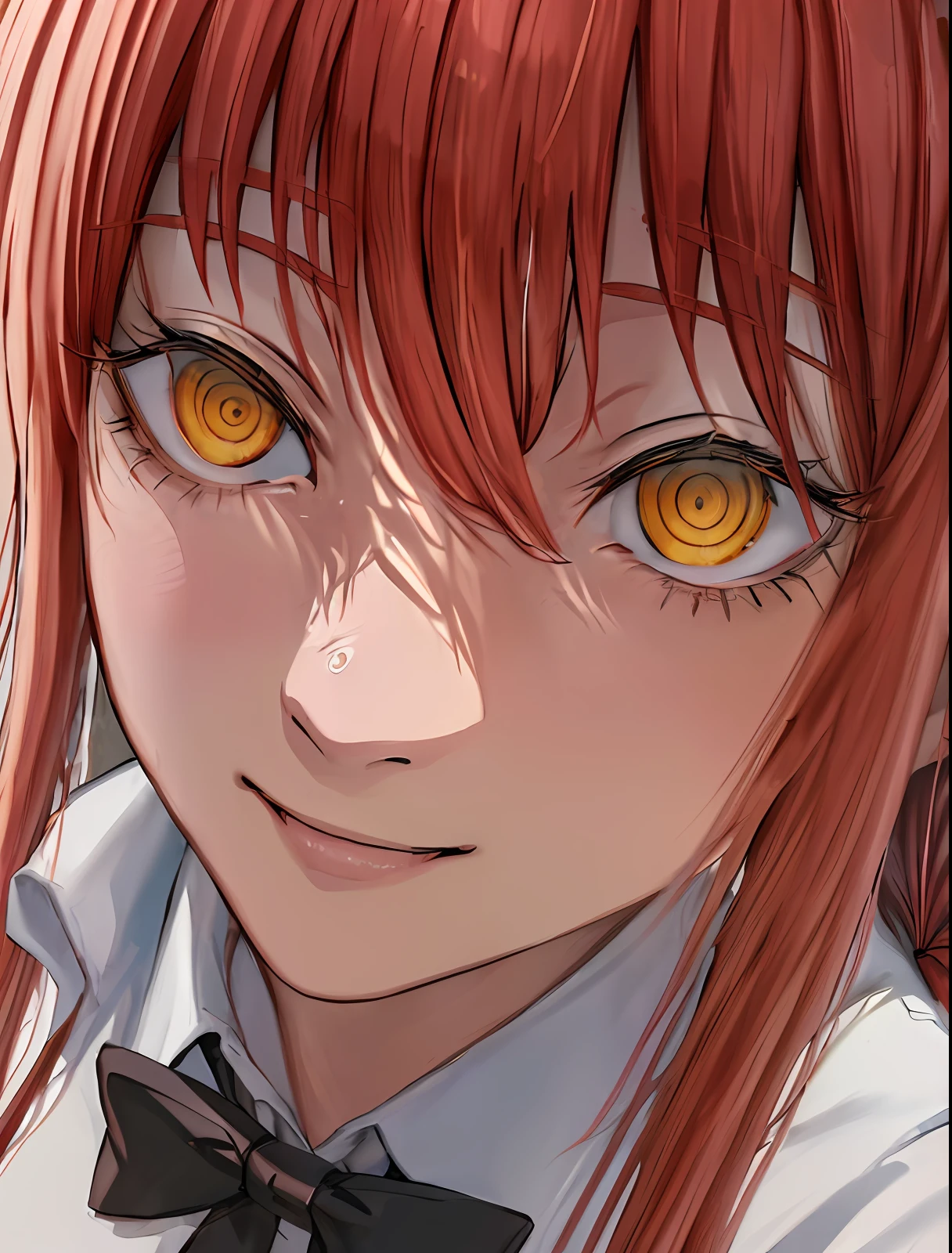 ((best quality, ultra-detailed, real image, raytracing, ultra-detailed face, cinematic lighting, high resolution, 16k wallpaper, best illustration, best shadow, realism: 1.4)), (color: 1.3), (finely detailed beautiful eyes), ((makima)), (chainsaw man), 1 female, (csmakima), yellow eyes, red hair, long hair, (ponytail), bright hair, golden eyes, large breasts, white shirt, pencil sketch, black tie, evil smile, looking at the viewer, dark office, dark background, pointed face,