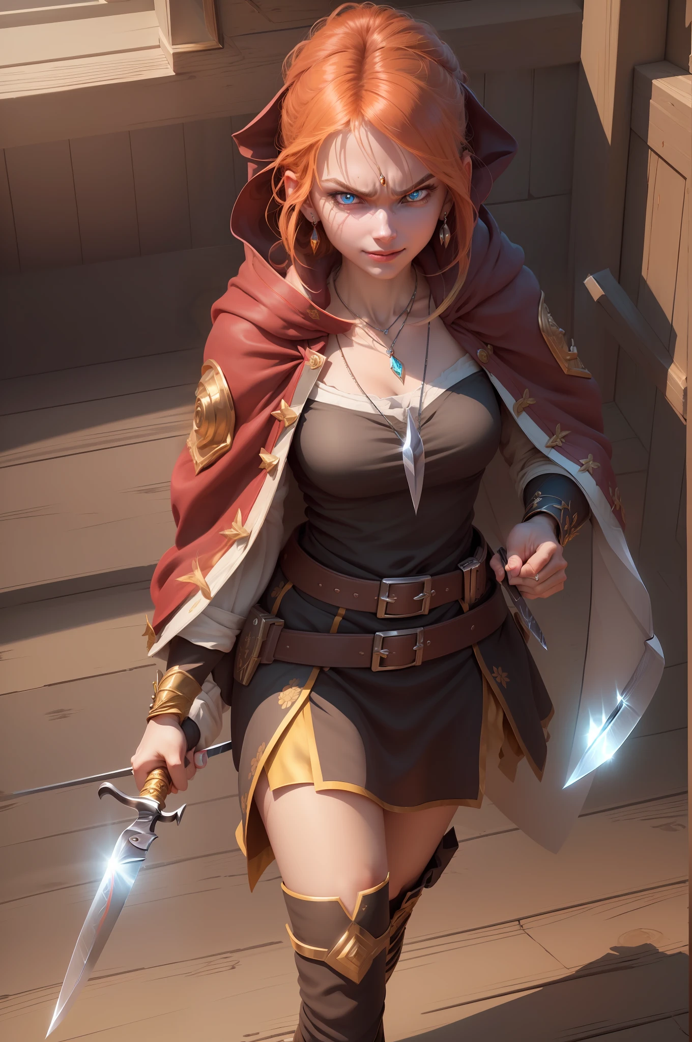 (extremely detailed CG unity 8k wallpaper, masterpiece, best quality, ultra-detailed), (an angry and merciless  girl wielding 1 knife), (((perfect hands))) looking at viewer, (upper body:1.3), (dynamic angle, dazzling eyes, exquisite necklace, enchanting smile), (((wielding 1 knife))), high saturation, cinematic light, rim lighting, best shadow