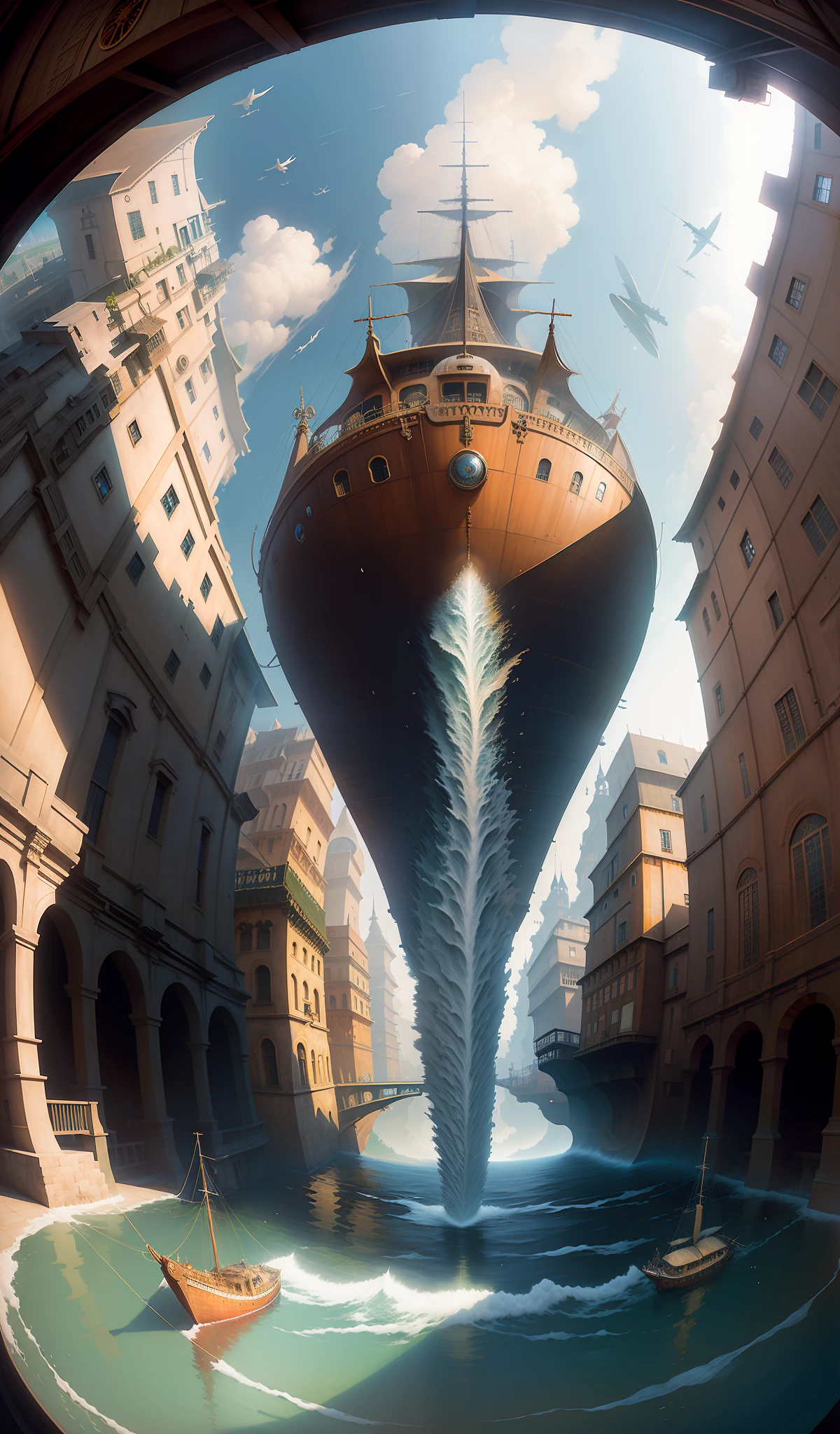 ((masterpiece)), (best quality), ((high detial), ((realistic,)) (fisheye perspective)) Sky, huge flying boats, industrial age cities, bazaars, bridges, rainy days, steampunk, European architecture, sky bridges, spirits, abyss,