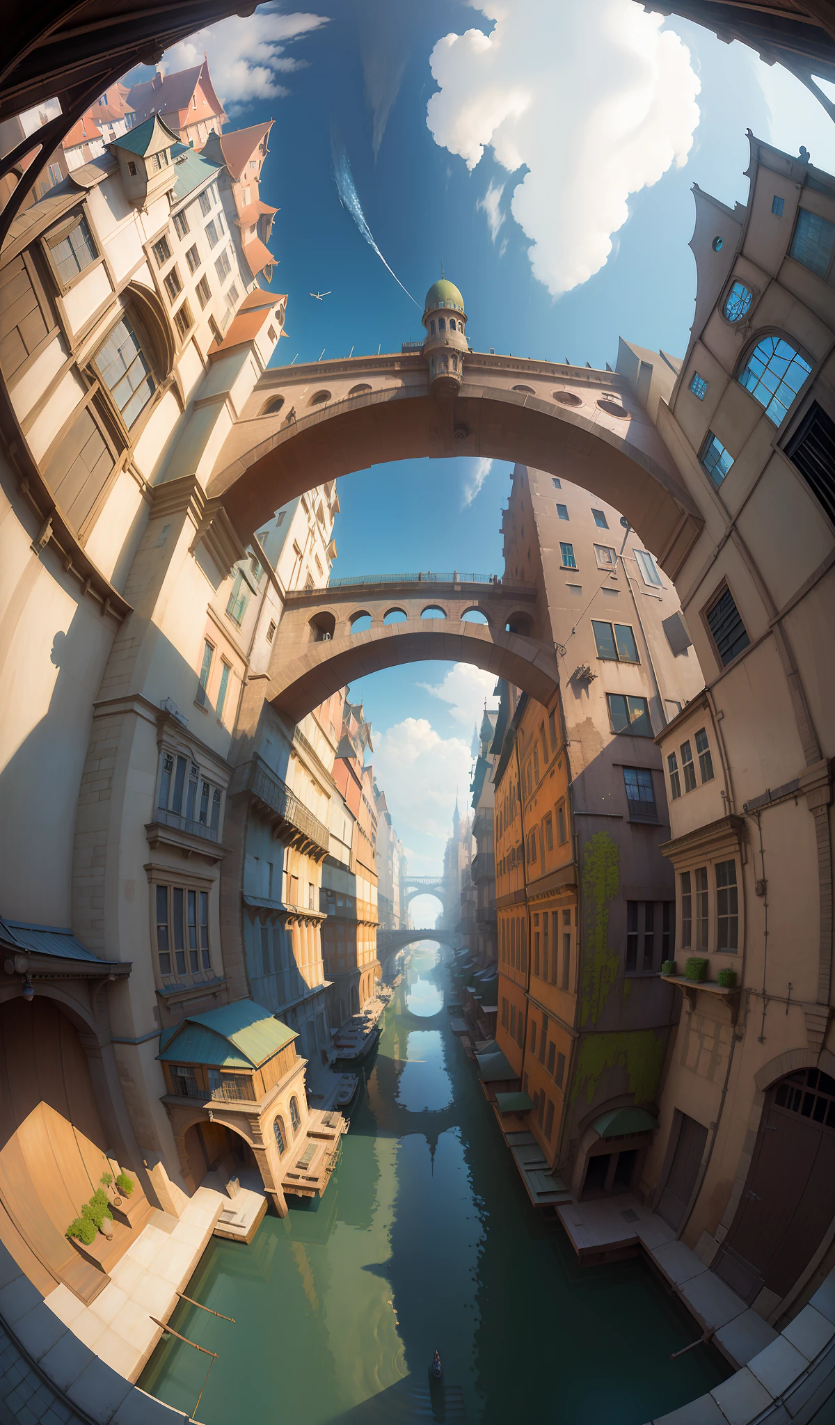 ((masterpiece)), (best quality), ((high detial), ((realistic,)) (fisheye perspective)) Sky, huge flying boats, industrial age cities, bazaars, bridges, rainy days, steampunk, European architecture, sky bridges, spirits, abyss,