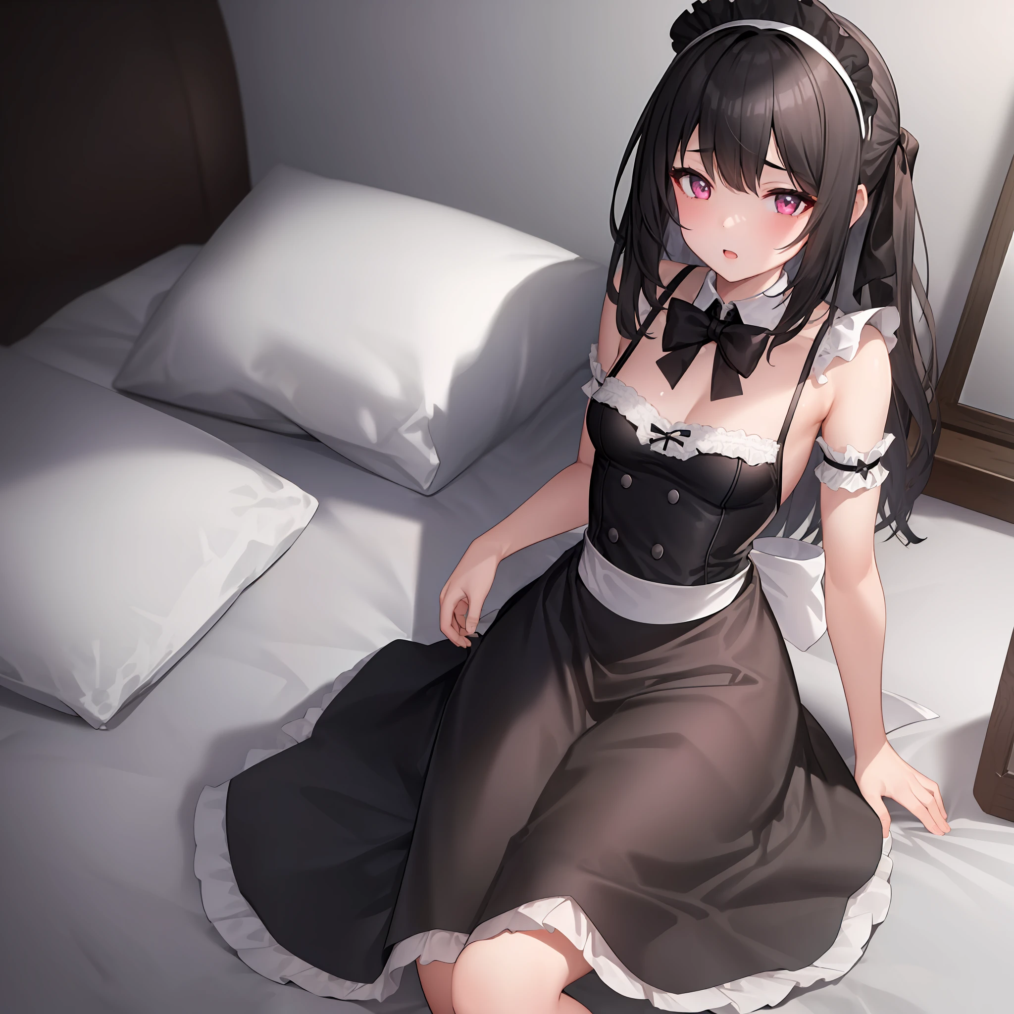 1girl, solo, solo focus, small breasts, monochrome, manga, line art, maid dress, ultra-detailed, beautiful