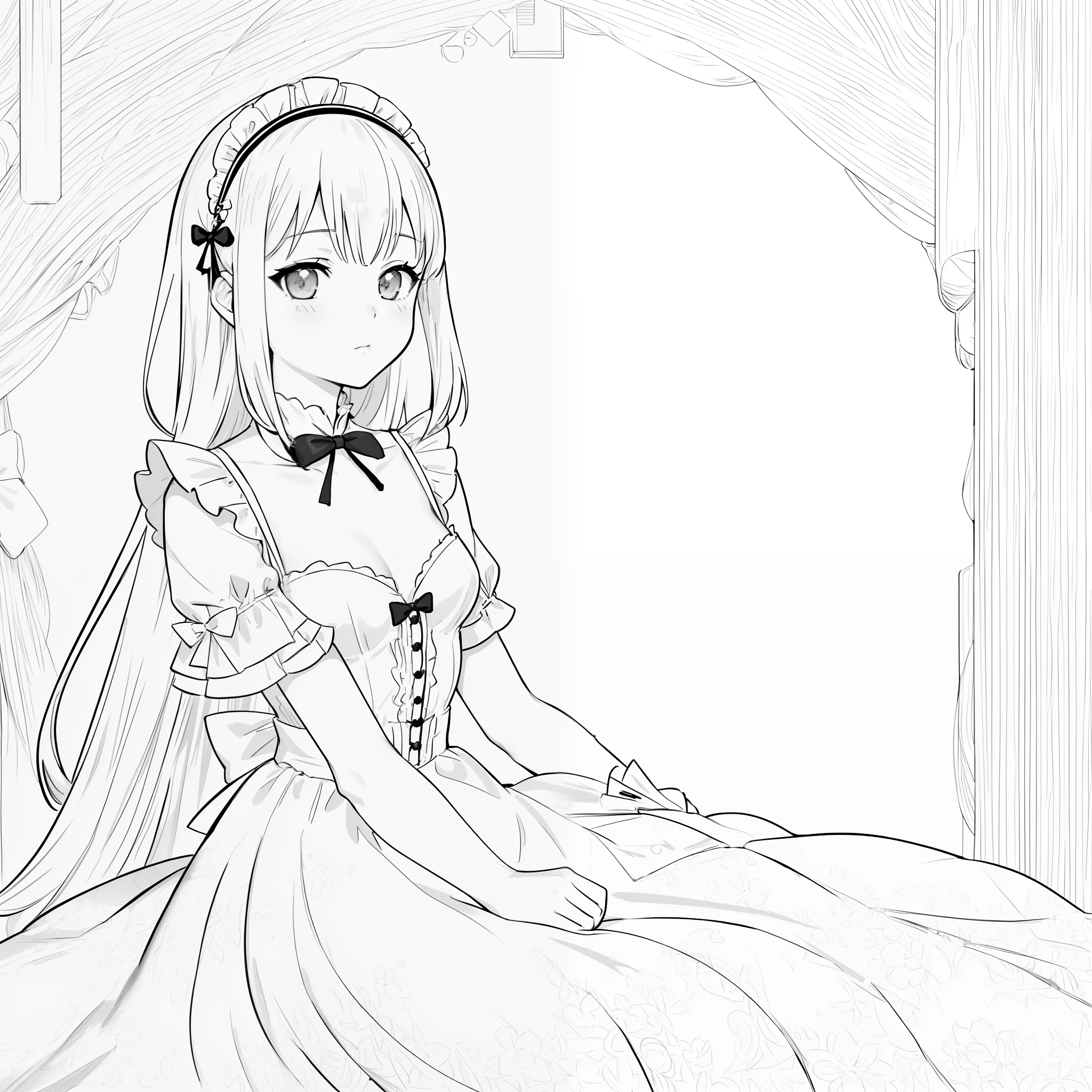 1girl, solo, solo focus, small breasts, ((greyscale)), ((monochrome, manga, line art)), maid dress, ultra-detailed, beautiful