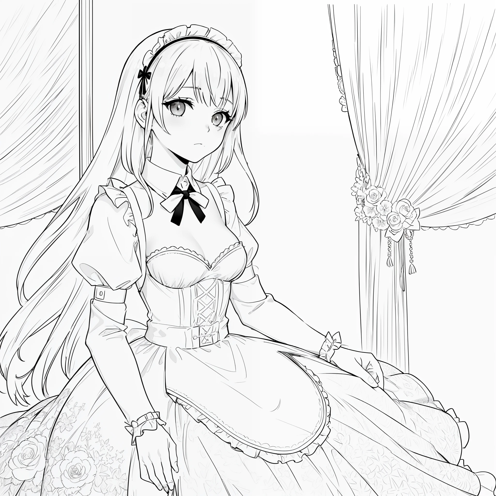 1girl, solo, solo focus, small breasts, ((greyscale)), ((monochrome, manga, line art)), maid dress, ultra-detailed, beautiful