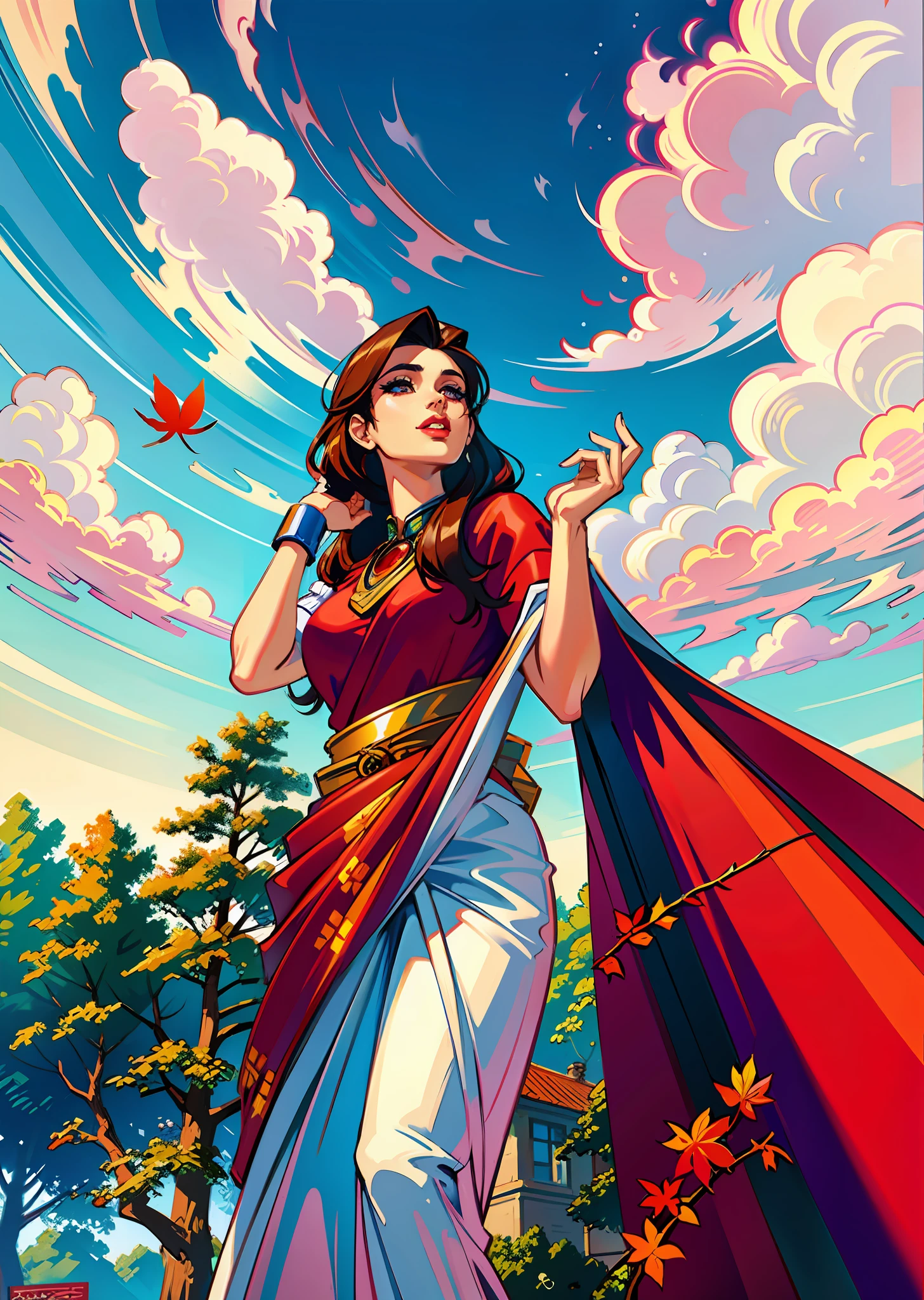 (masterpiece),(best quality:1.0), (ultra highres:1.0), detailed illustration, 8k, anime, 1girl, beautiful anime girl, in a sari, wearing a crimson red sari, pretty pose, pretty face, detailed face, beautiful eyes, detailed eyes, red lips, red lipstick, slightly brown hair, highlights in hair, standing, open sky with clouds, red maple leaves, detailed, intricate, anime style